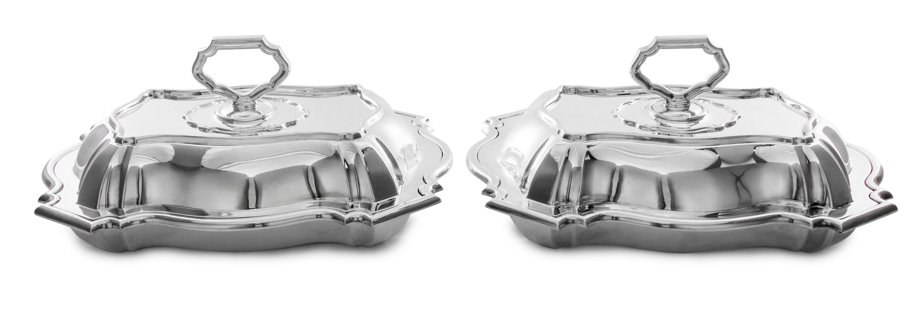 A Pair of George V Silver Covered Entrees, Jenkins & Timm, Sheffield, 1923, each of shaped rectangular form with raised edges and handl
