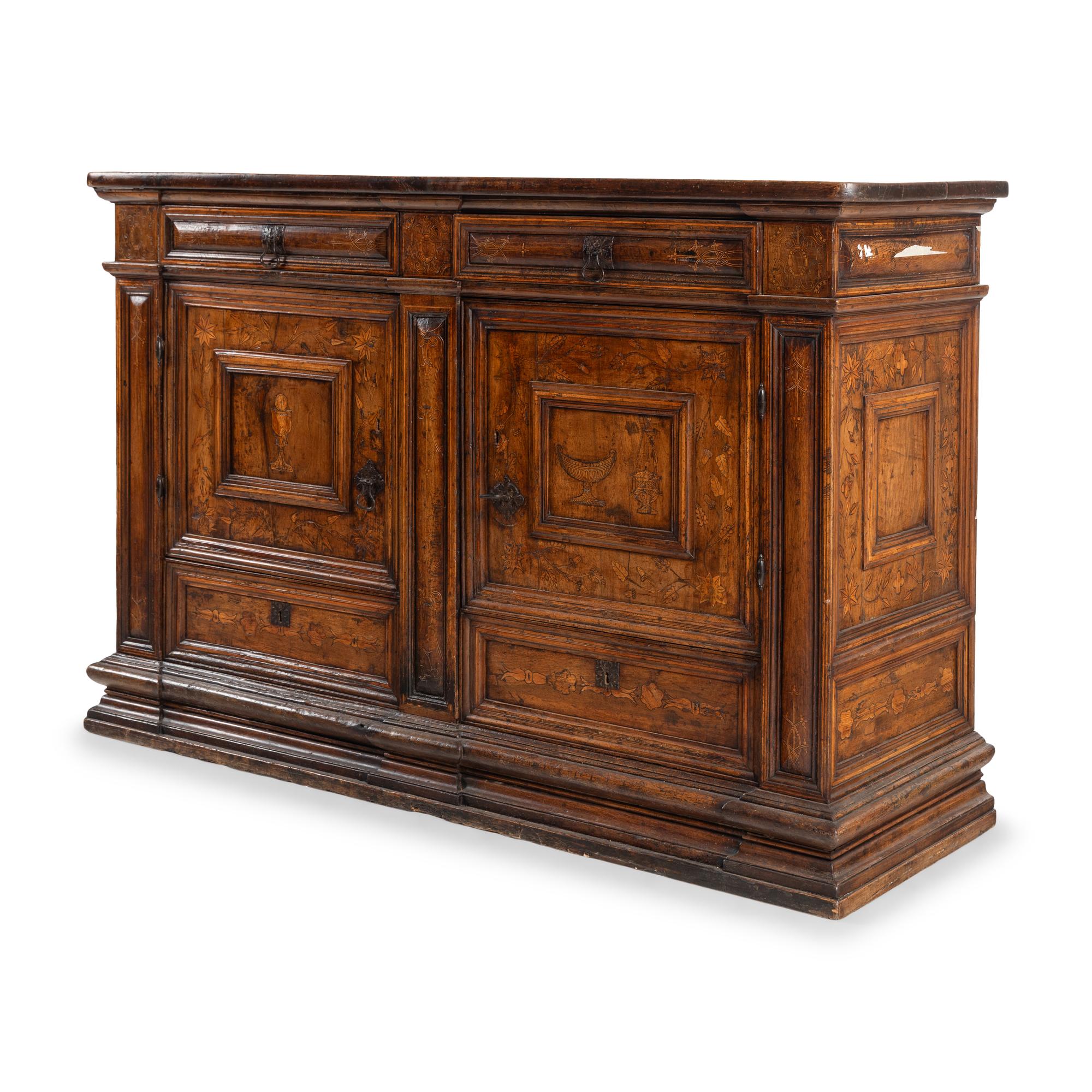 An Italian Baroque Walnut and Marquetry Cabinet