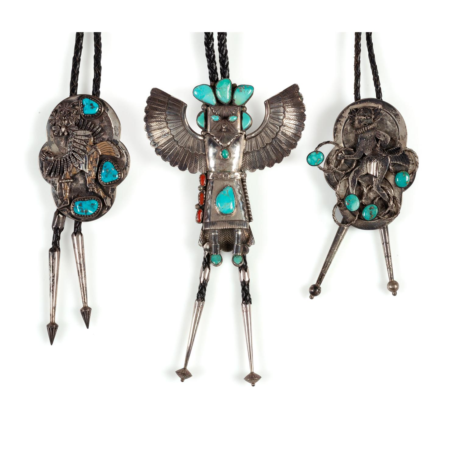 Navajo Silver and Turquoise Katsina and Dancer Bolo Ties