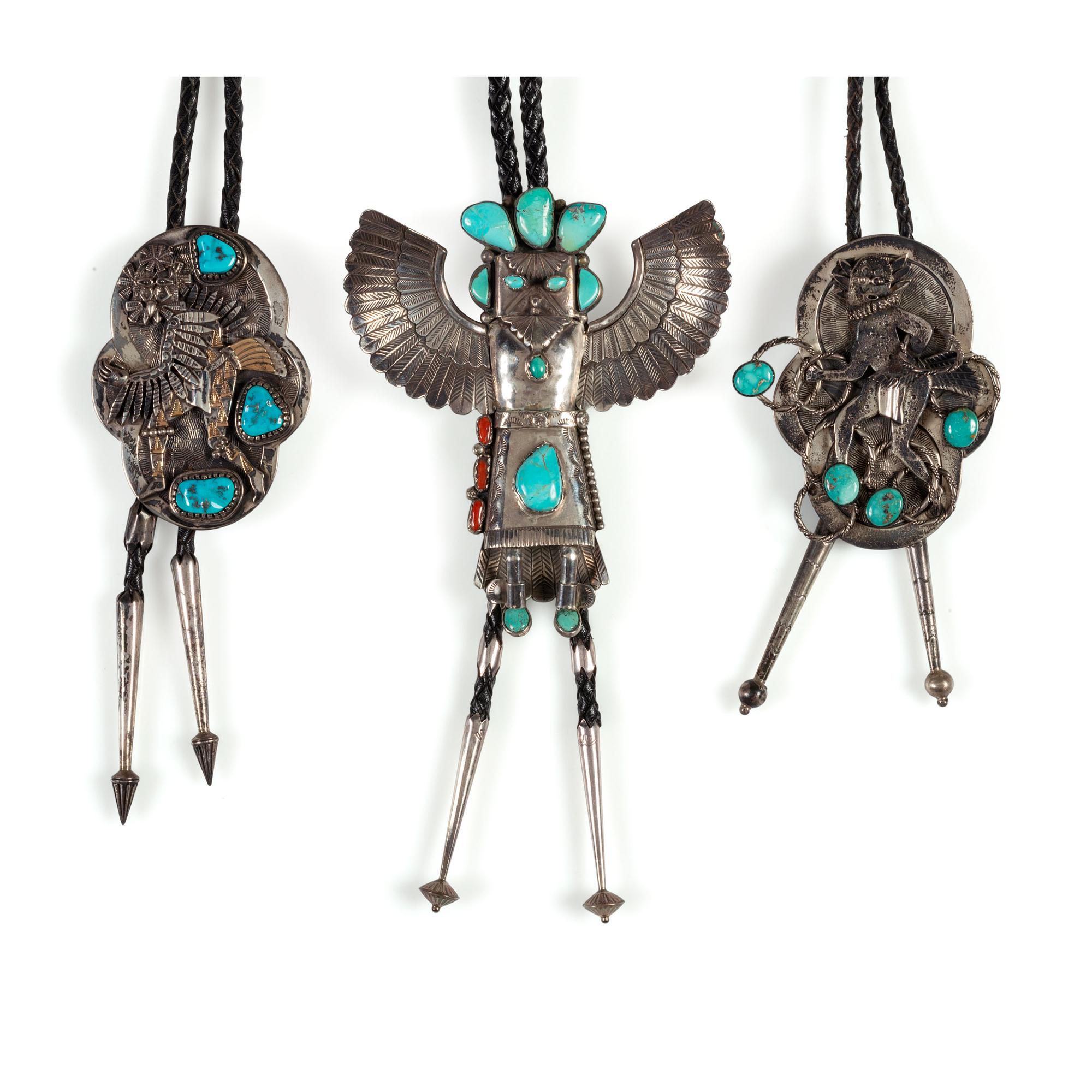 Navajo Silver and Turquoise Katsina and Dancer Bolo Ties