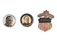 [MCKINLEY, Wm. (1843-1901)]. Lithographed portrait under glass of McKinley and wife, with pinbacks.