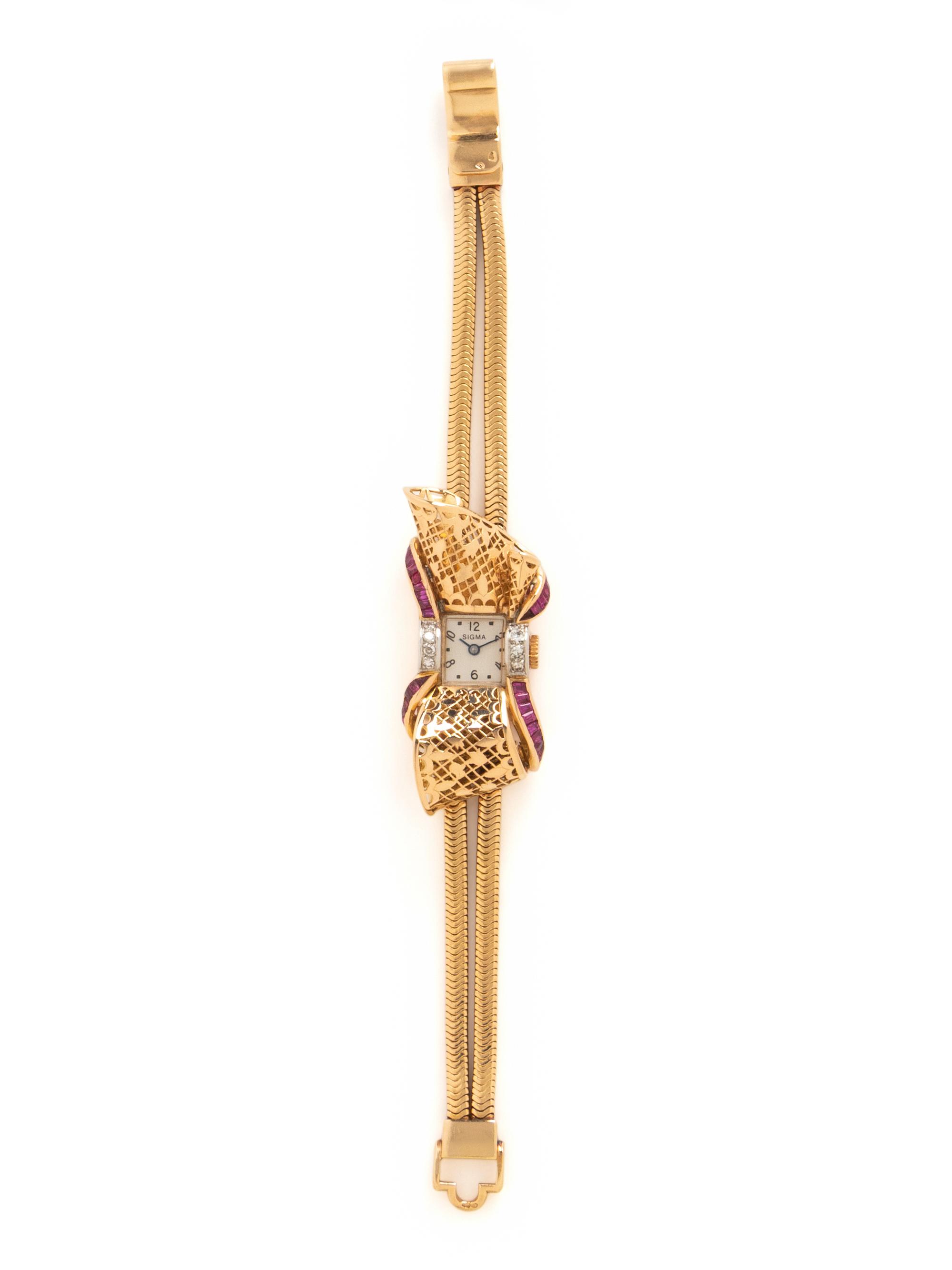 FRENCH, RETRO, YELLOW GOLD, RUBY, AND DIAMOND WATCH