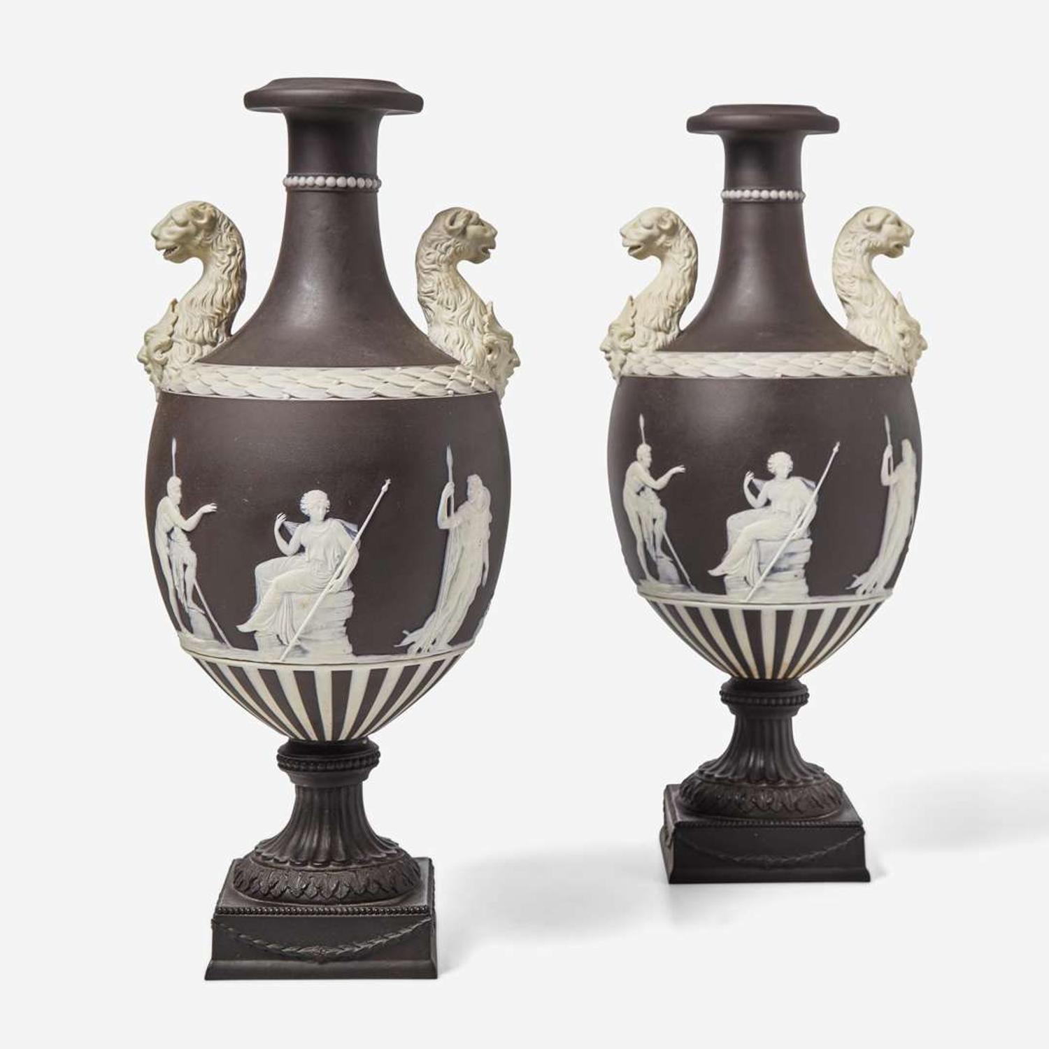 A Pair of Wedgwood Black Dip Jasperware and Black Basalt "Panther" Vases UK, late 19th century