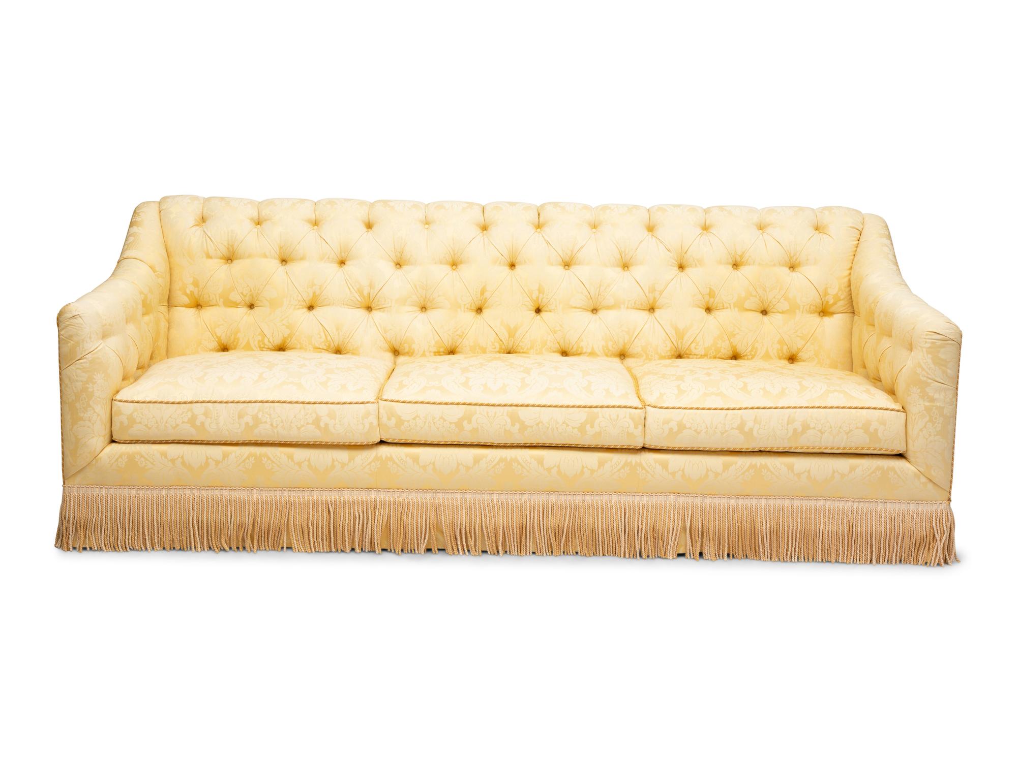 A Button-Tufted Damask-Upholstered Sofa