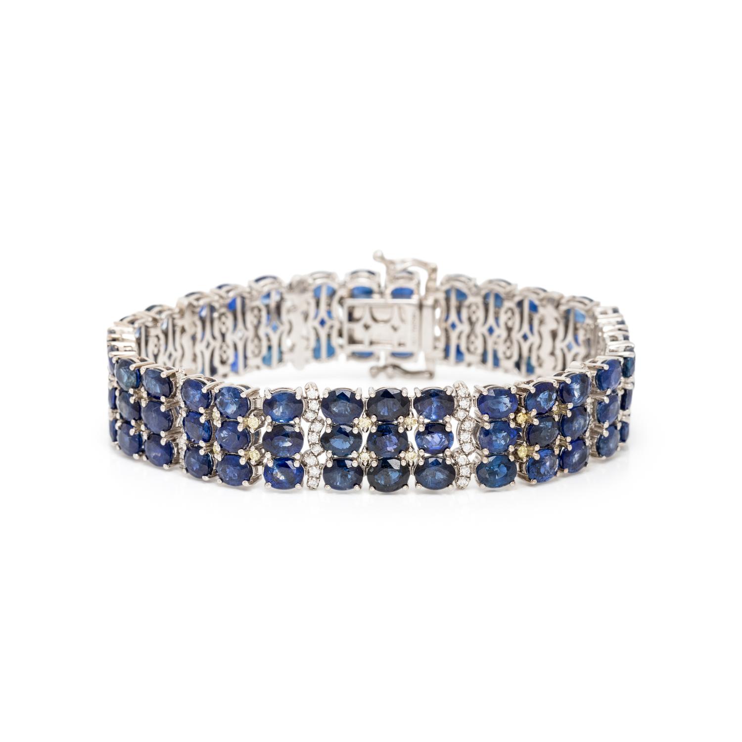SAPPHIRE, DIAMOND, COLORED DIAMOND, AND WHITE GOLD BRACELET