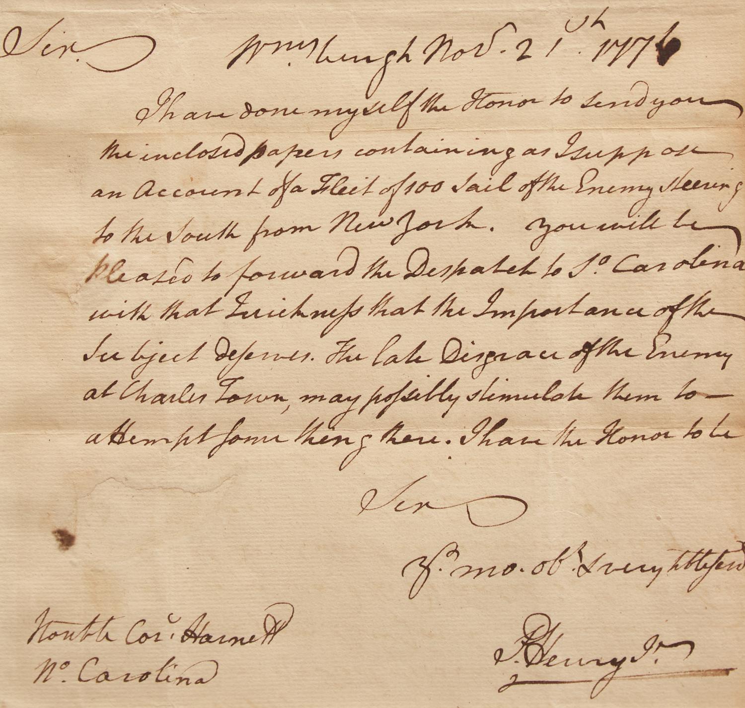 [American Revolution] Henry, Patrick. Autograph Letter, signed