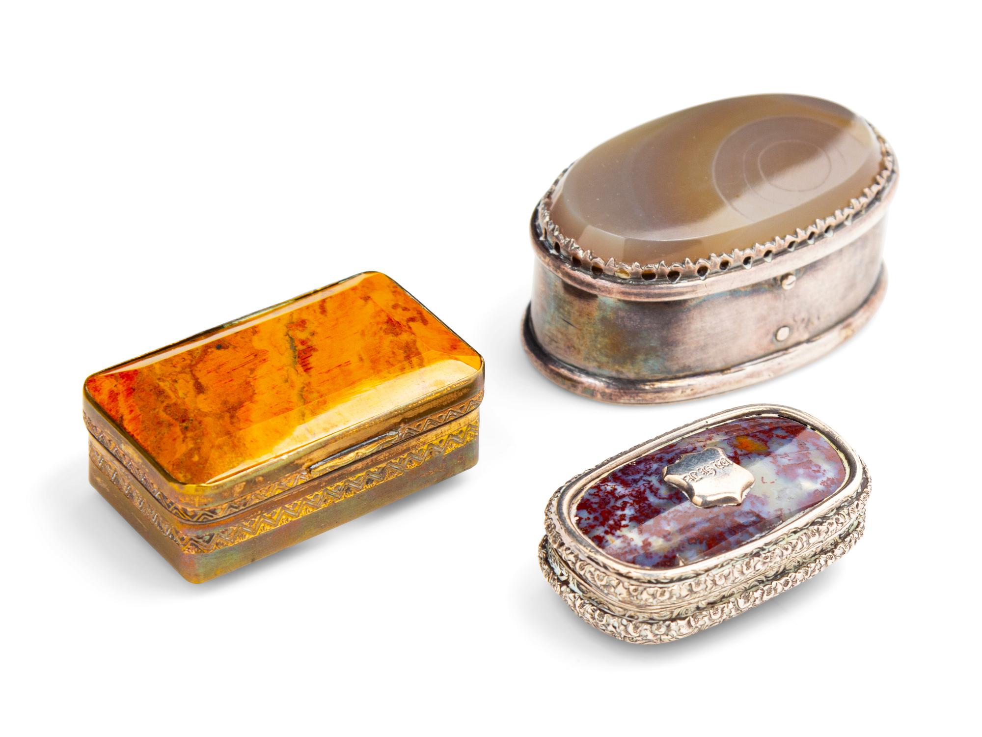 A Collection of Three Hardstone Mounted Snuff Boxes