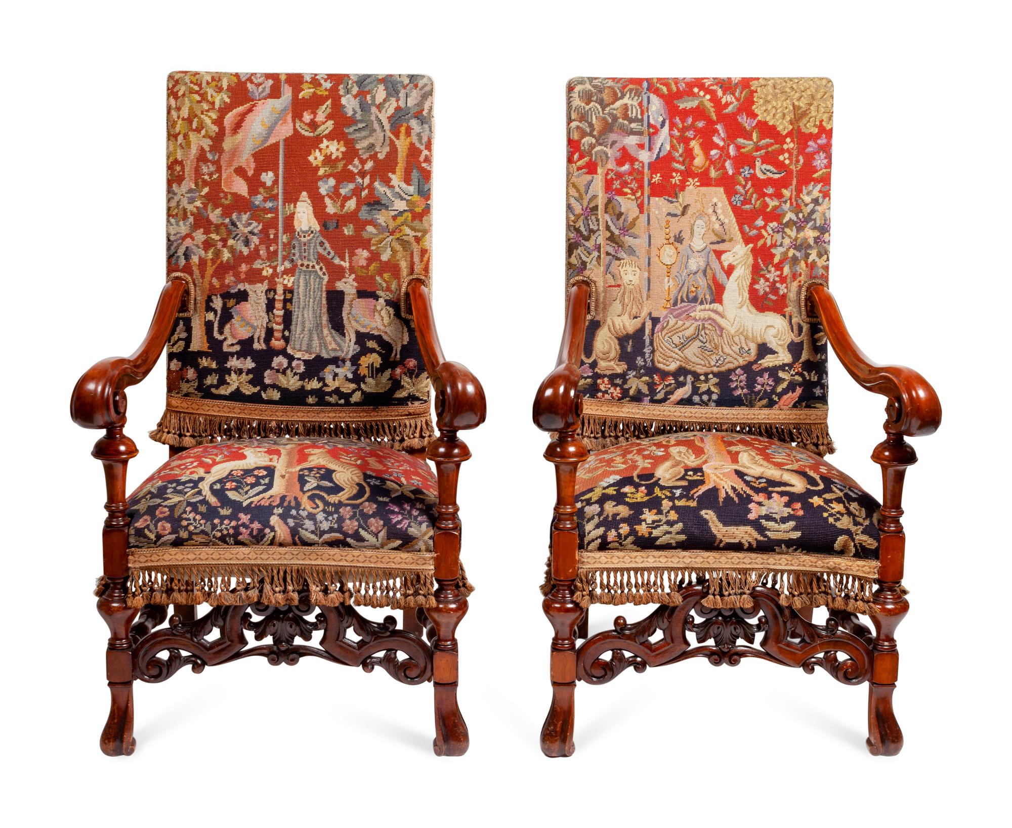 A Pair of Continental Carved Oak Upholstered Chairs