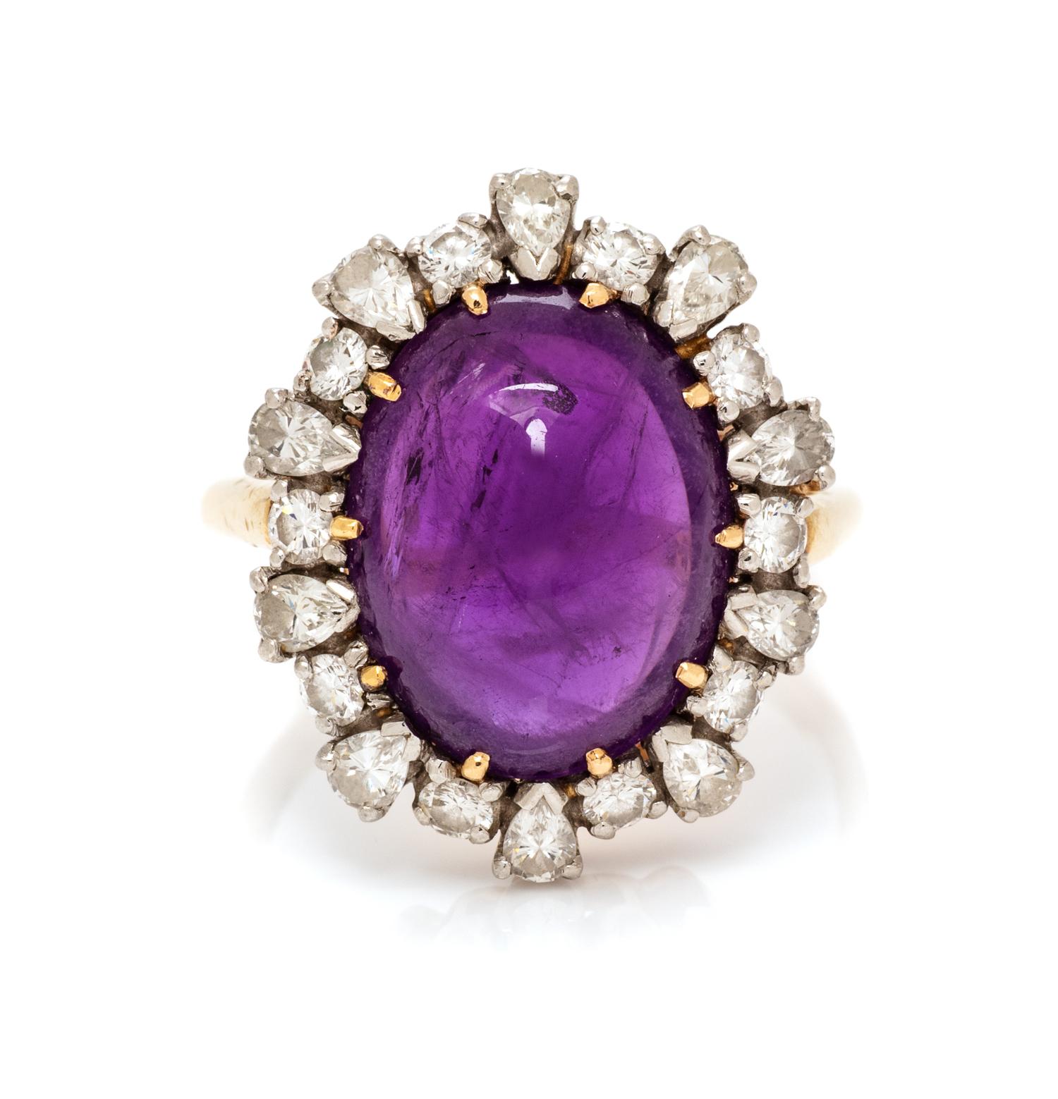 A Platinum, 14 Karat Yellow Gold, Amethyst and Diamond Ring, 5.15 dwts.