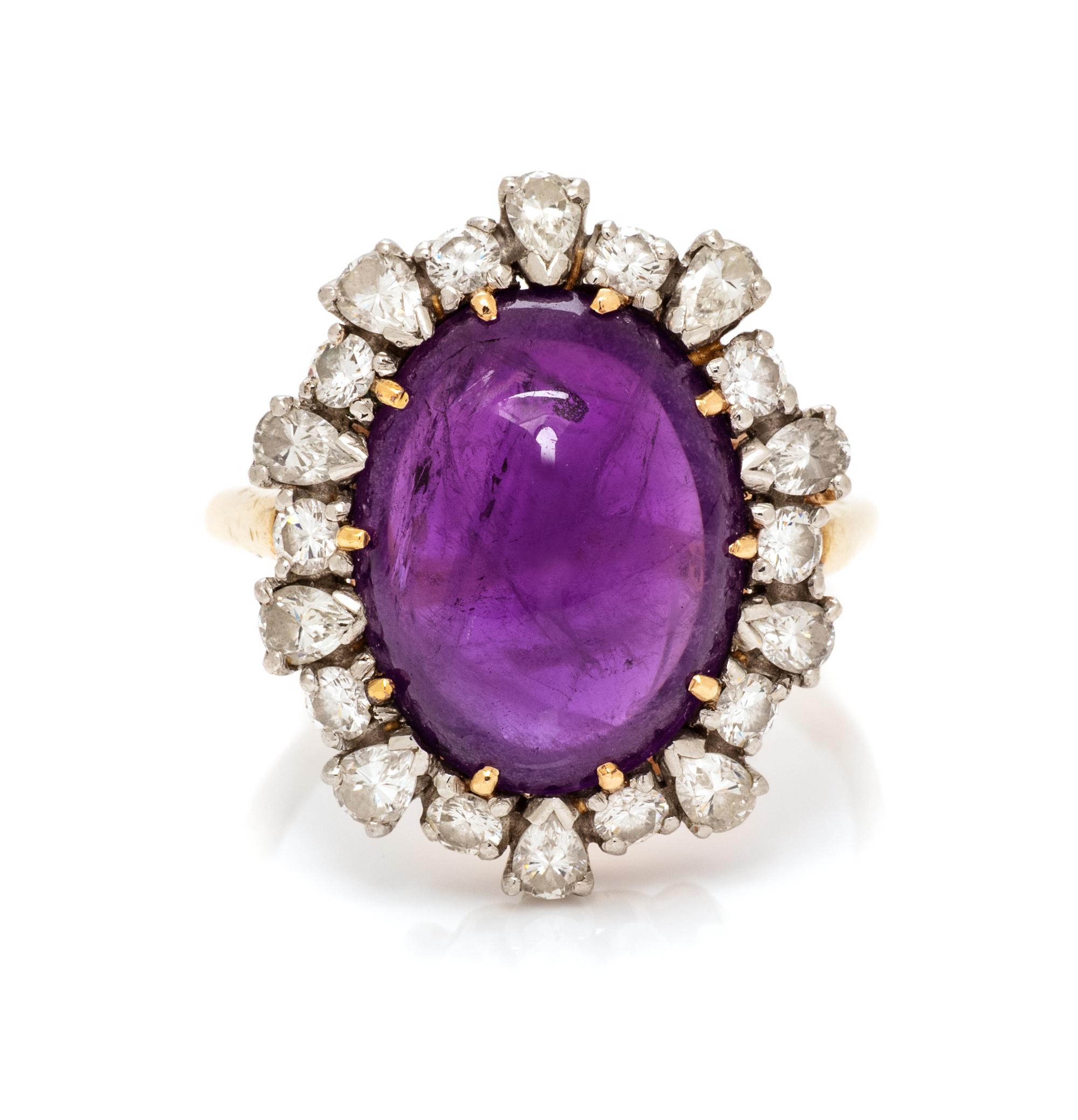 A Platinum, 14 Karat Yellow Gold, Amethyst and Diamond Ring, 5.15 dwts.