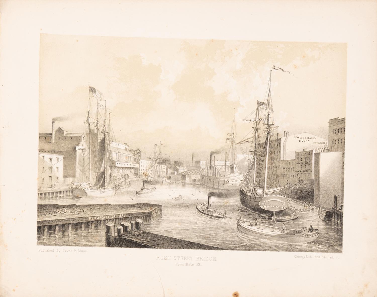 [Chicago Fire]. A group of 10 prints and 2 paintings, showing views of Chicago before and after the Great Fire, including: