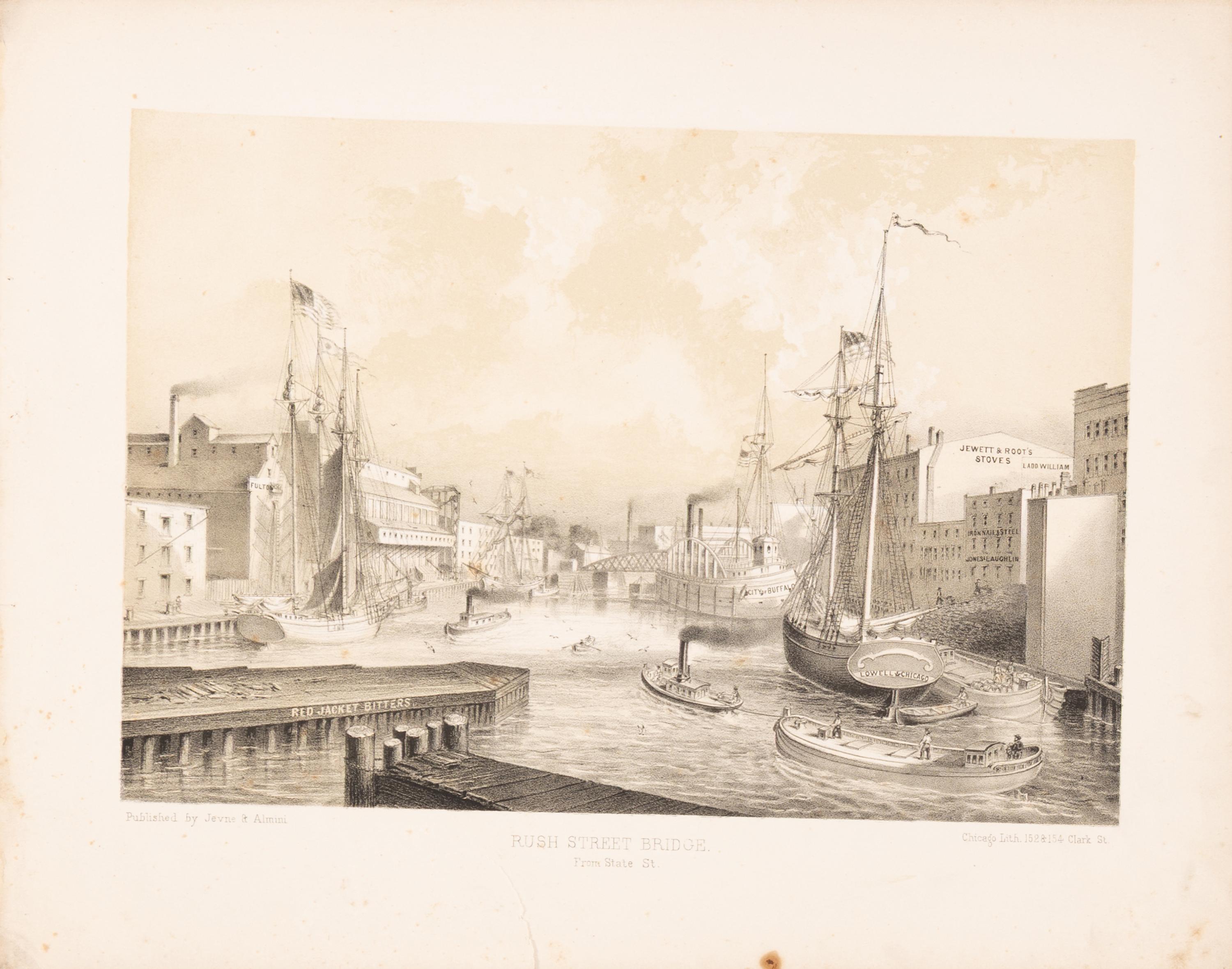 [Chicago Fire]. A group of 10 prints and 2 paintings, showing views of Chicago before and after the Great Fire, including: