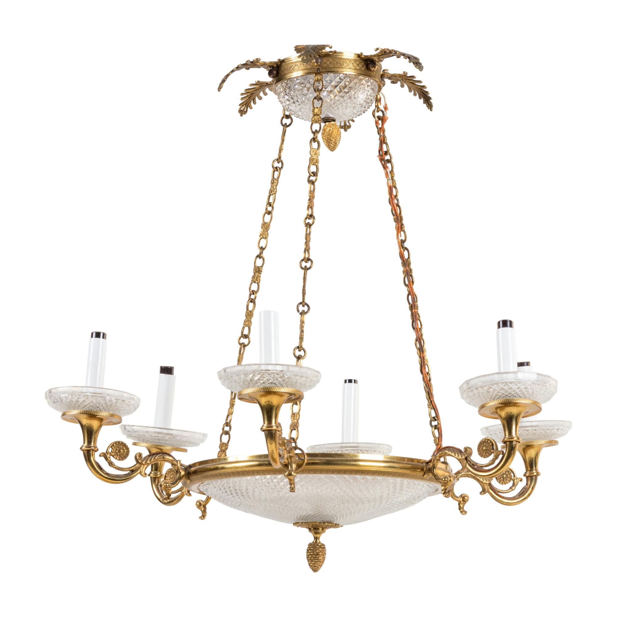 An Empire Style Gilt Metal and Cut Glass Six-Light Chandelier