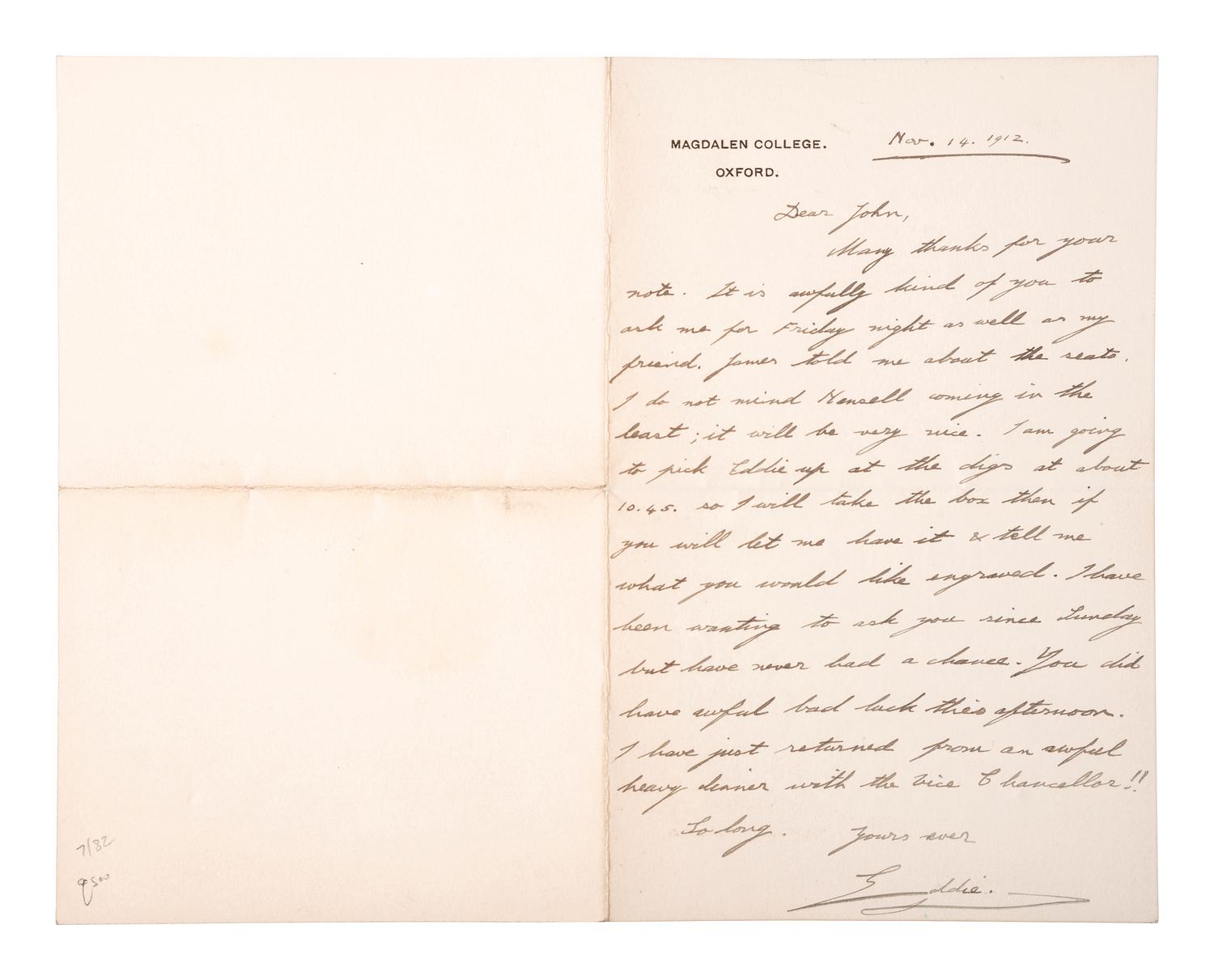 [ROYALTY]. WINDSOR, Edward, Duke of (1894-1972). Autograph letter signed ("Eddie"), as Prince of Wales. Oxford, 14 November 1912.