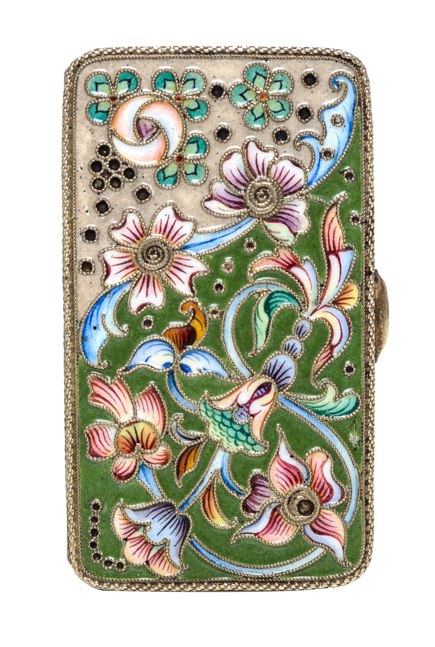 A Russian Enameled Gilt-Silver Box, Moscow, 1908-1926, of rectangular form with floral decoration.