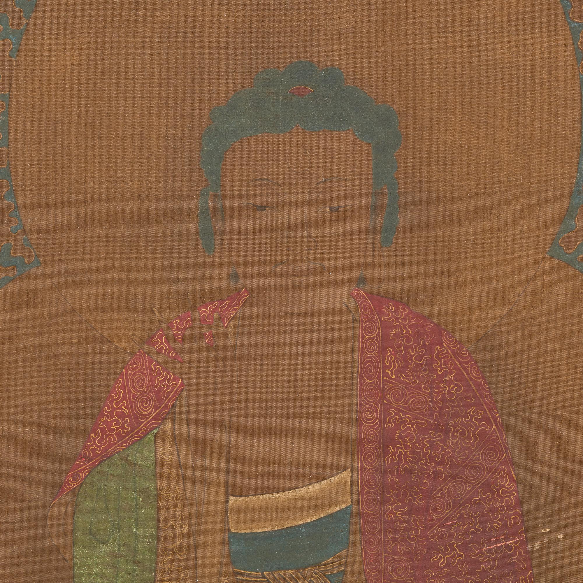 Chinese School, Seated Buddha with Two Attendants, Late Ming-Early Qing Dynasty, 明末清初 絹本設色如來佛像