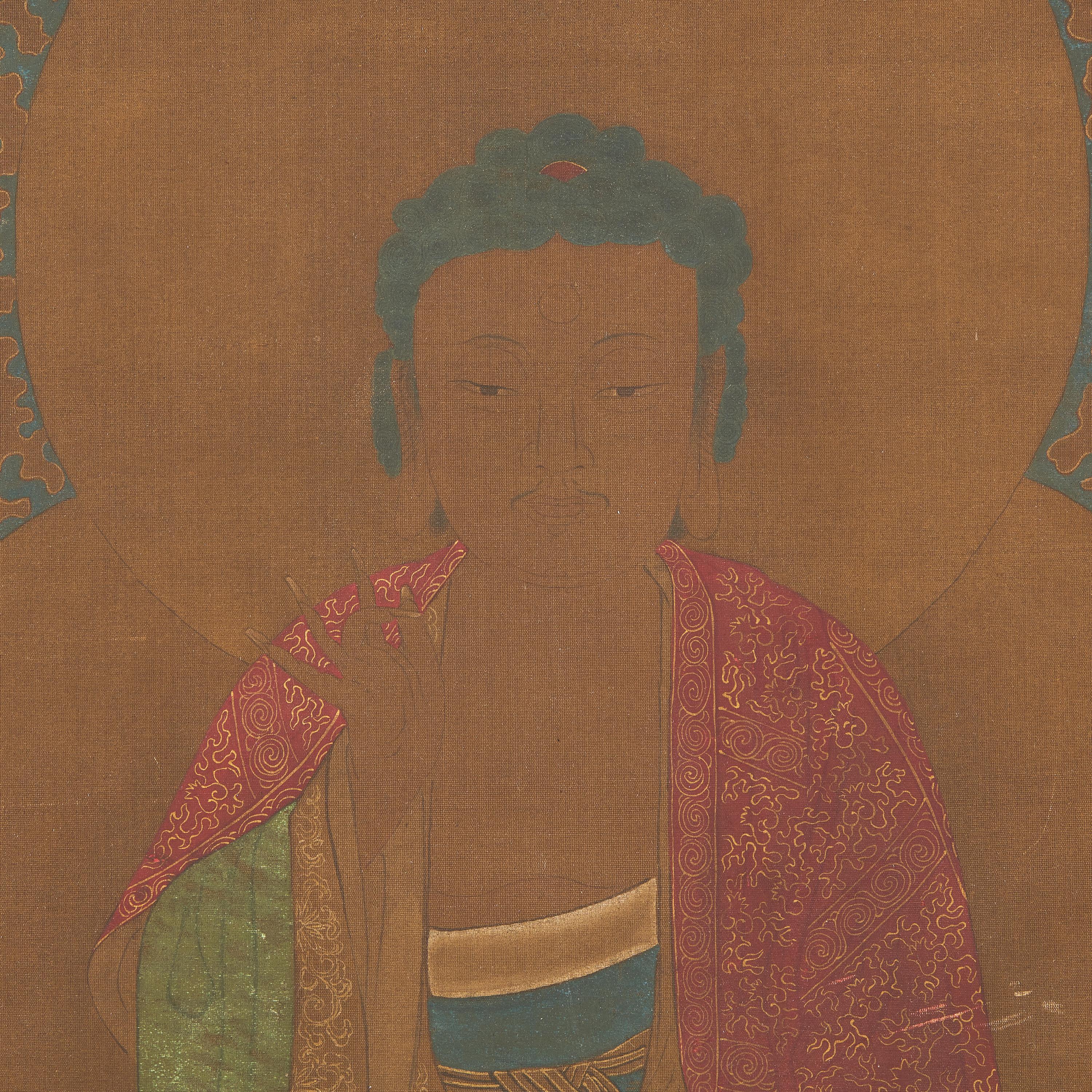 Chinese School, Seated Buddha with Two Attendants, Late Ming-Early Qing Dynasty, 明末清初 絹本設色如來佛像
