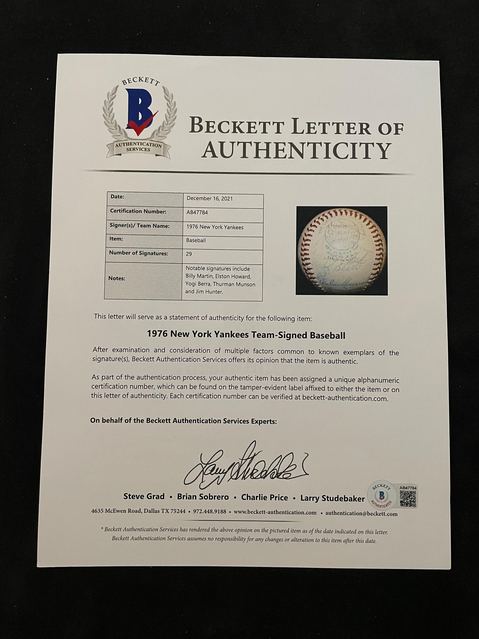 A 1976 New York Yankees Team Signed Autograph Baseball Including Thurman Munson and Billy Martin (Beckett Authentication Services Letter BAS Certified)