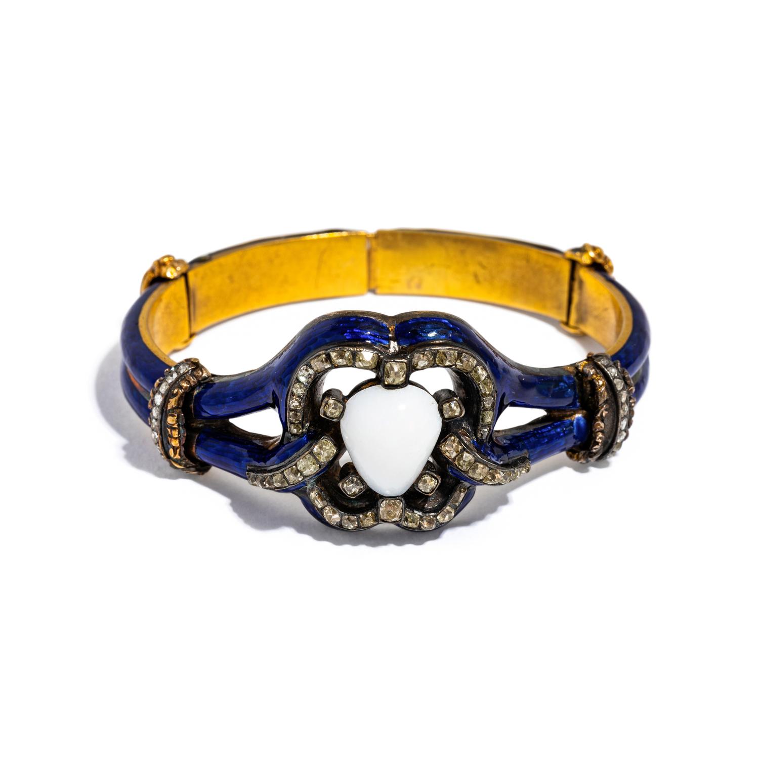 ANTIQUE, YELLOW GOLD, ENAMEL, DIAMOND AND OPAL BANGLE BRACELET