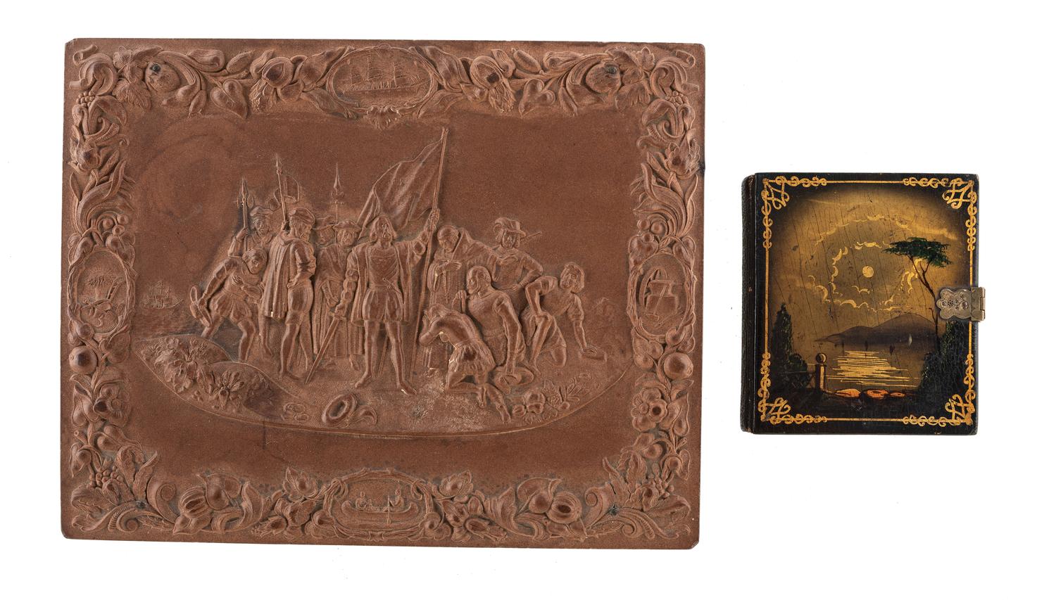 [EARLY PHOTOGRAPHY - PORTRAITURE]. A pair of daguerreotypes featuring a father holding his daughter on his lap, with hand painted and other cases, including: