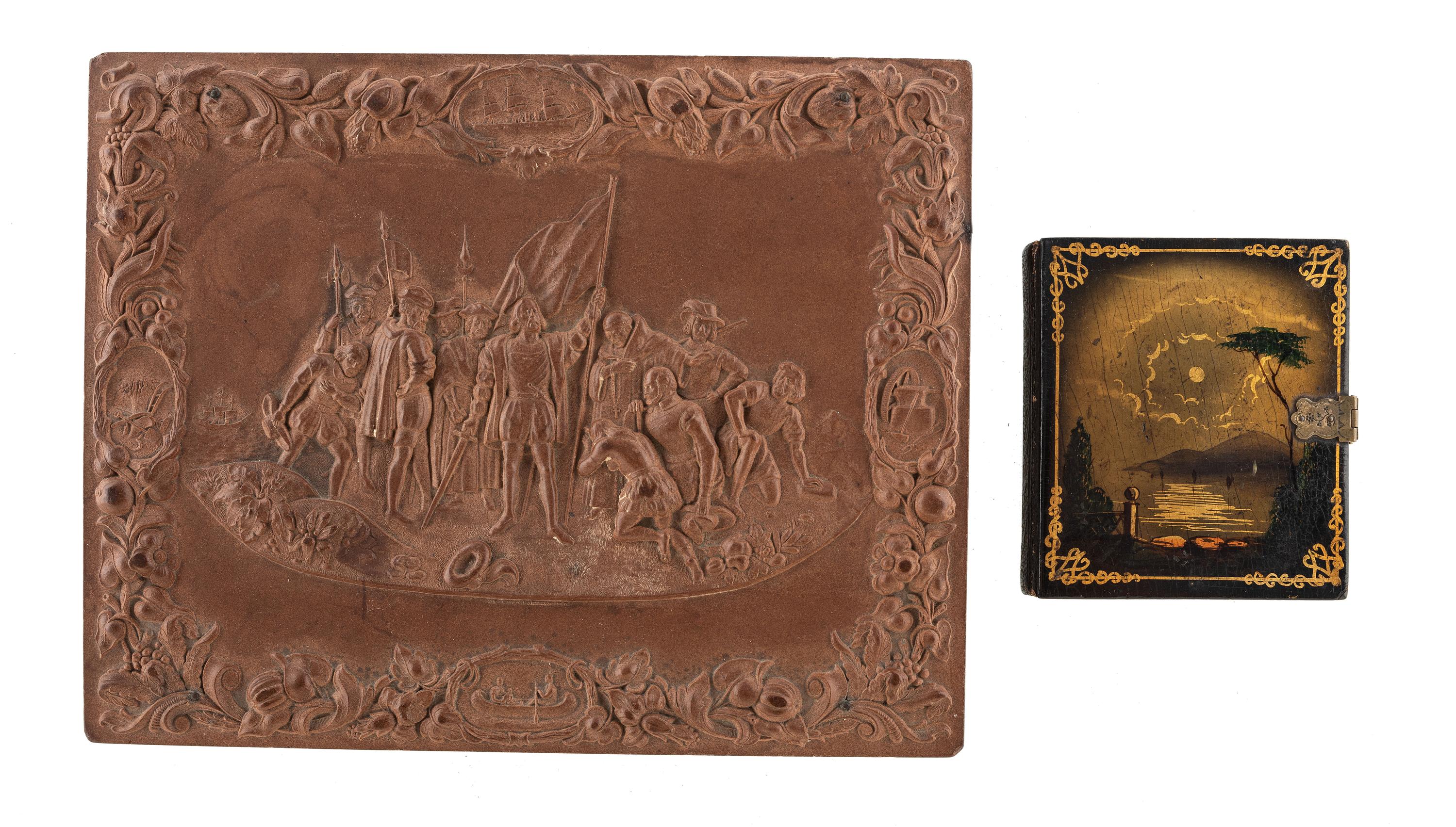 [EARLY PHOTOGRAPHY - PORTRAITURE]. A pair of daguerreotypes featuring a father holding his daughter on his lap, with hand painted and other cases, including: