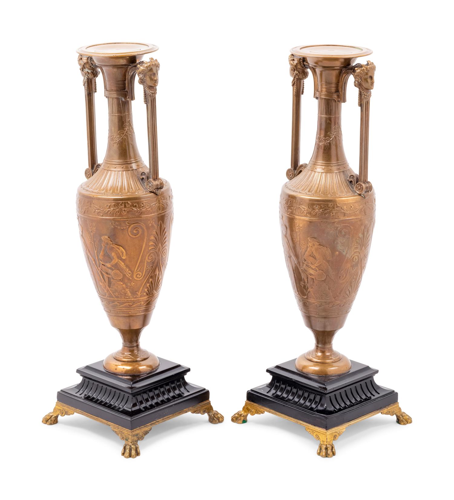 A Pair of French Neoclassical Gilt Bronze Urns by Henry Cahieux (French, 1825-1854)