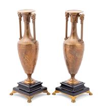 A Pair of French Neoclassical Gilt Bronze Urns by Henry Cahieux (French, 1825-1854)