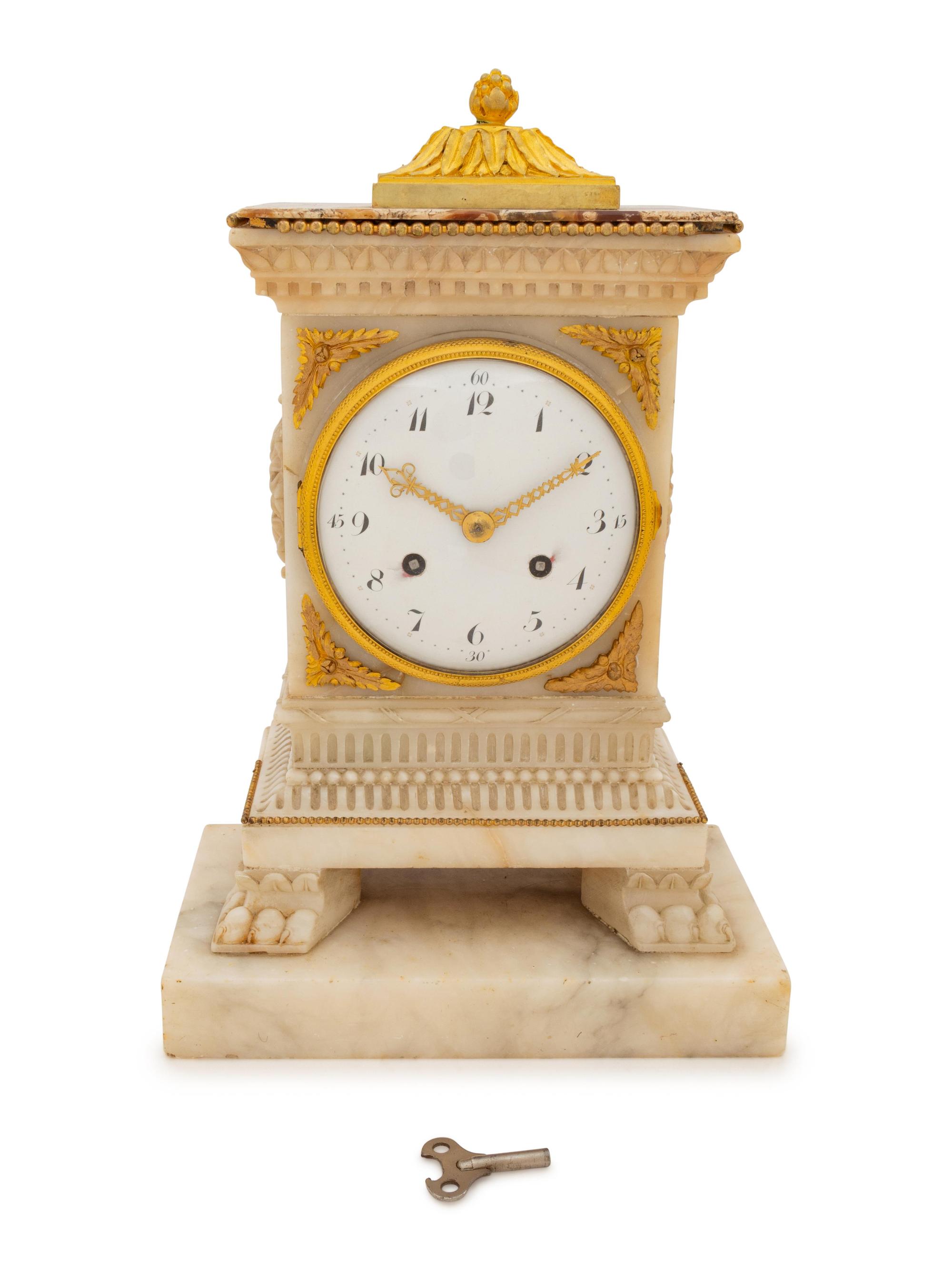 A Continental Gilt Bronze Mounted Alabaster Mantel Clock