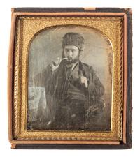 [EARLY PHOTOGRAPHY]. Sixth plate daguerreotype of man wearing a fur hat.