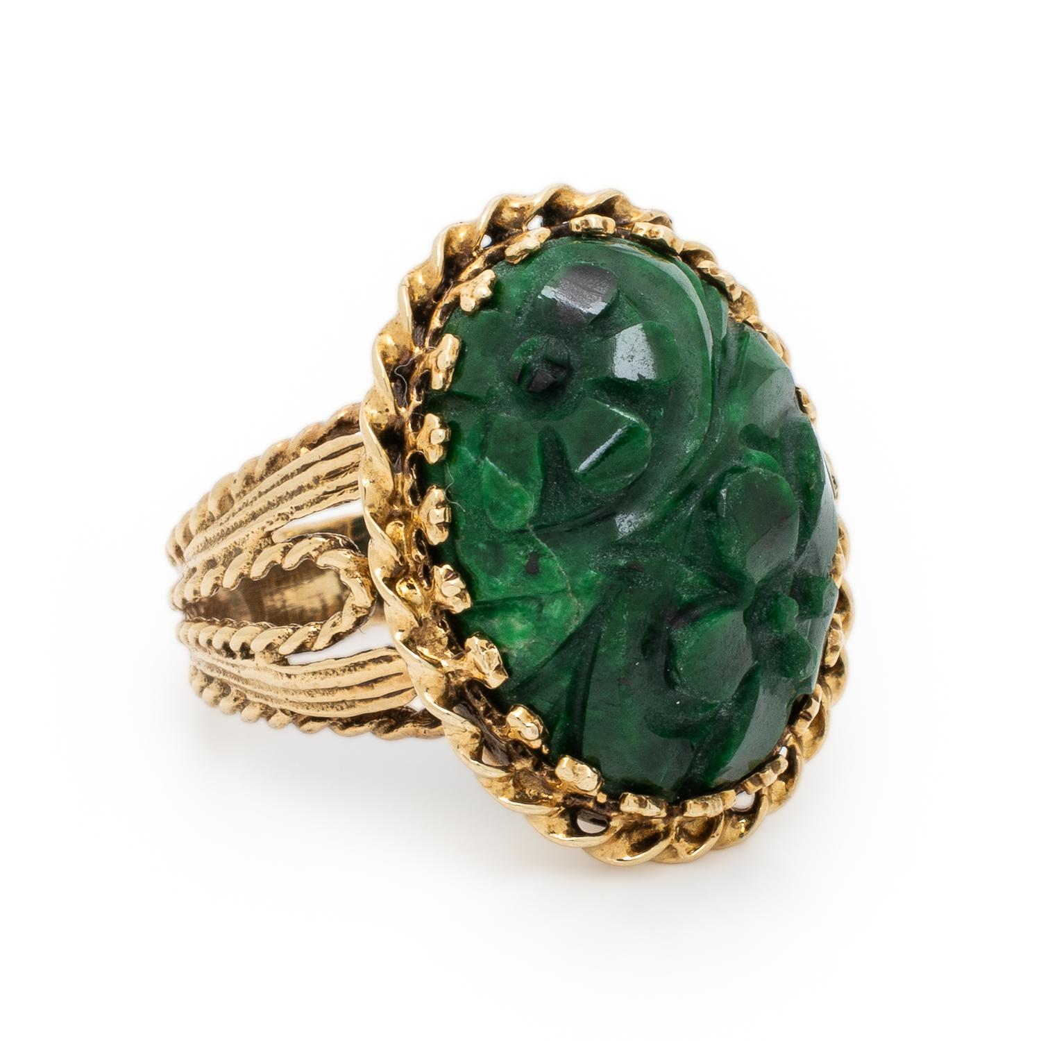 Carved Hardstone and Yellow Gold Ring
