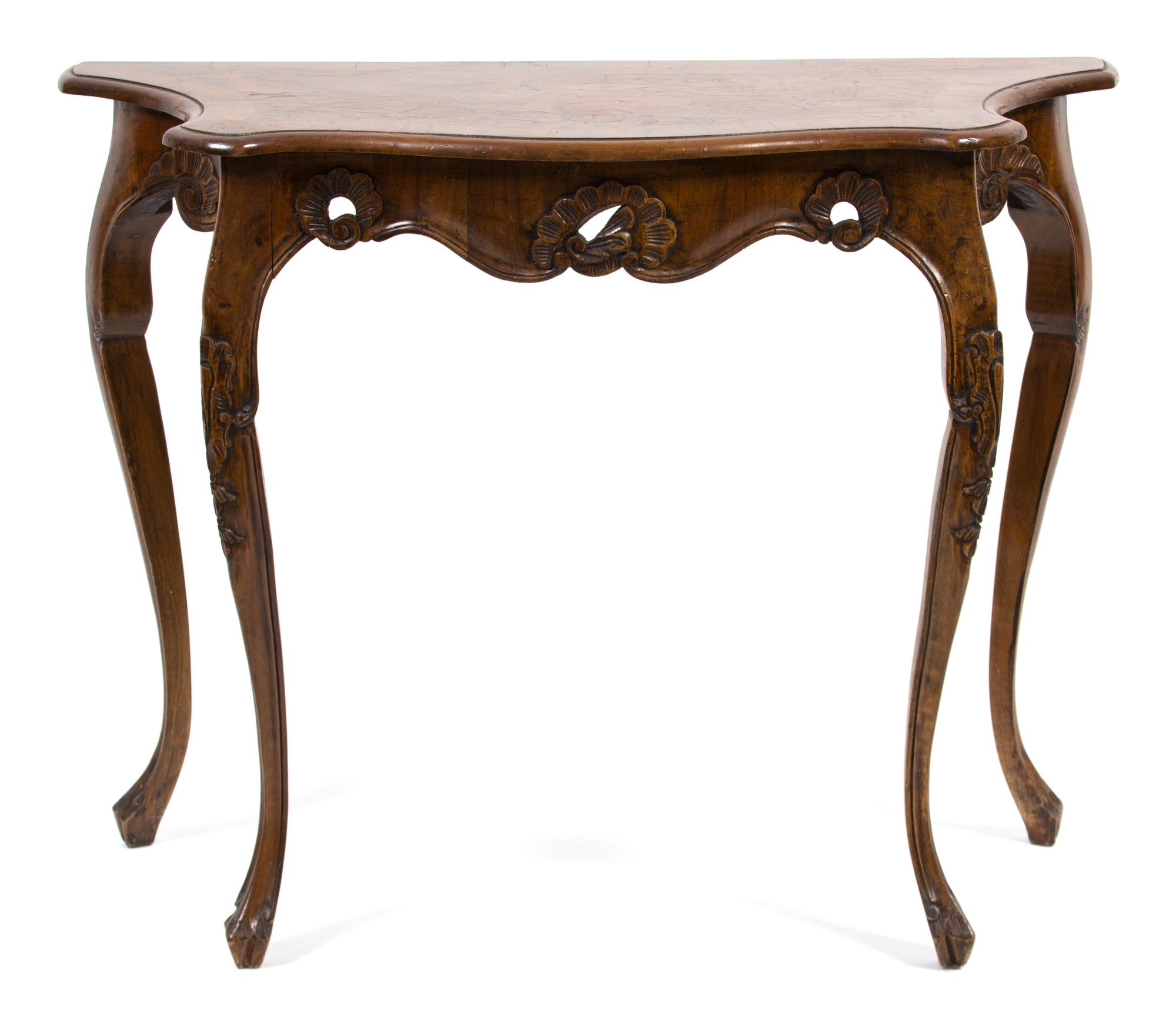 An Italian Louis XV Style Walnut Console Table Height 29 1/2 x width 37 3/4 x depth 16 inches. — 20TH CENTURY