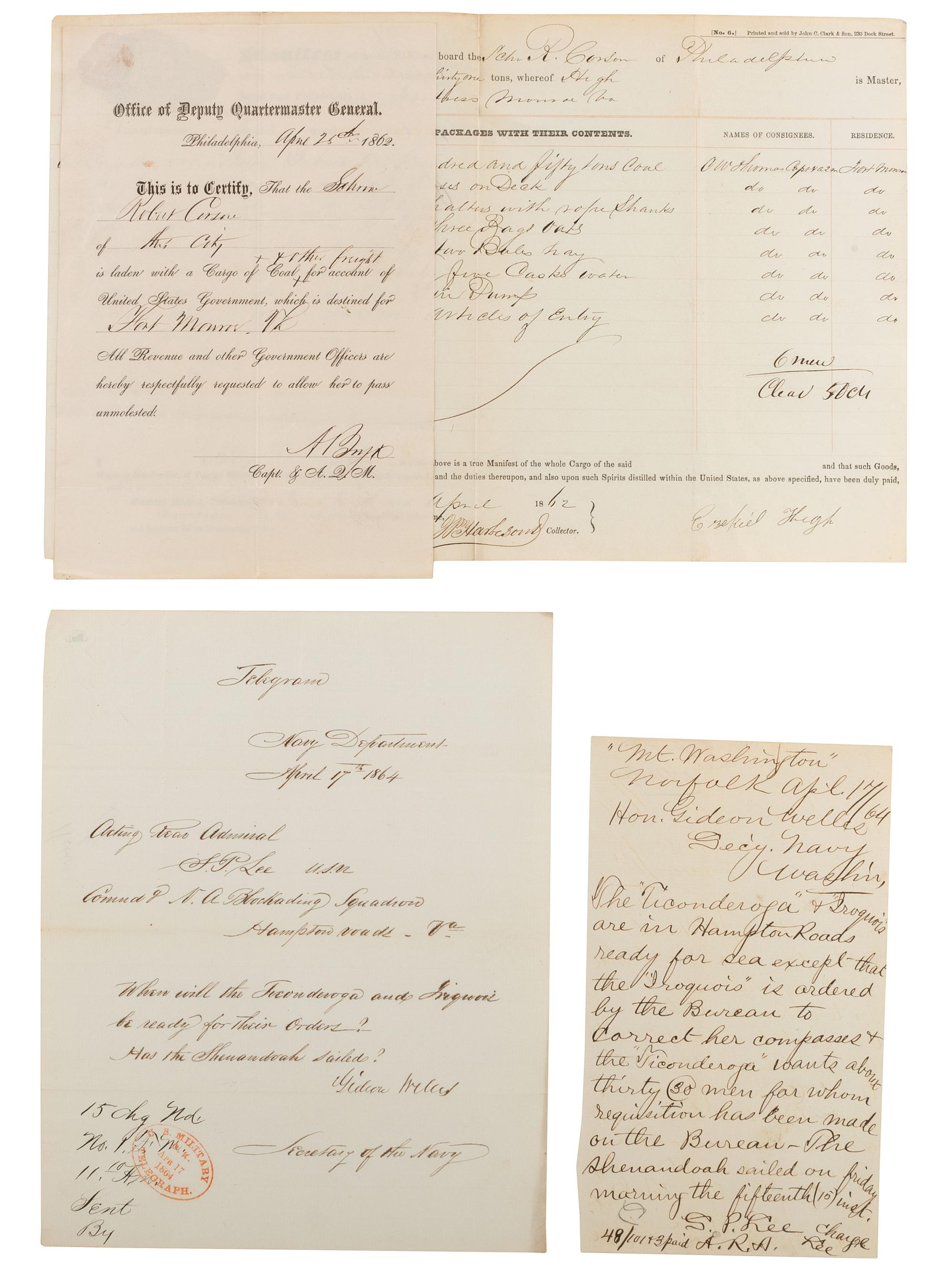 [CIVIL WAR - NAVY]. A group of 8 documents related to ships of the Atlantic Blockading Squadron, including letters from Secretary of Navy Gideon Welles and Captain John Rodgers.