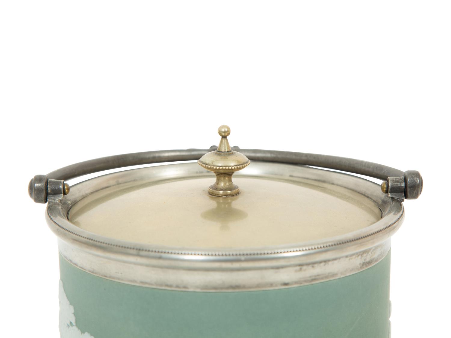A Green Wedgwood Jasperware Portland Vase and Biscuit Barrell with Silver Plate Handle, Top and Base combined with biscuit barrell 323704/124
