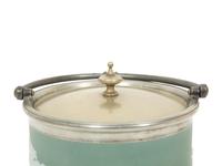 A Green Wedgwood Jasperware Portland Vase and Biscuit Barrell with Silver Plate Handle, Top and Base combined with biscuit barrell 323704/124