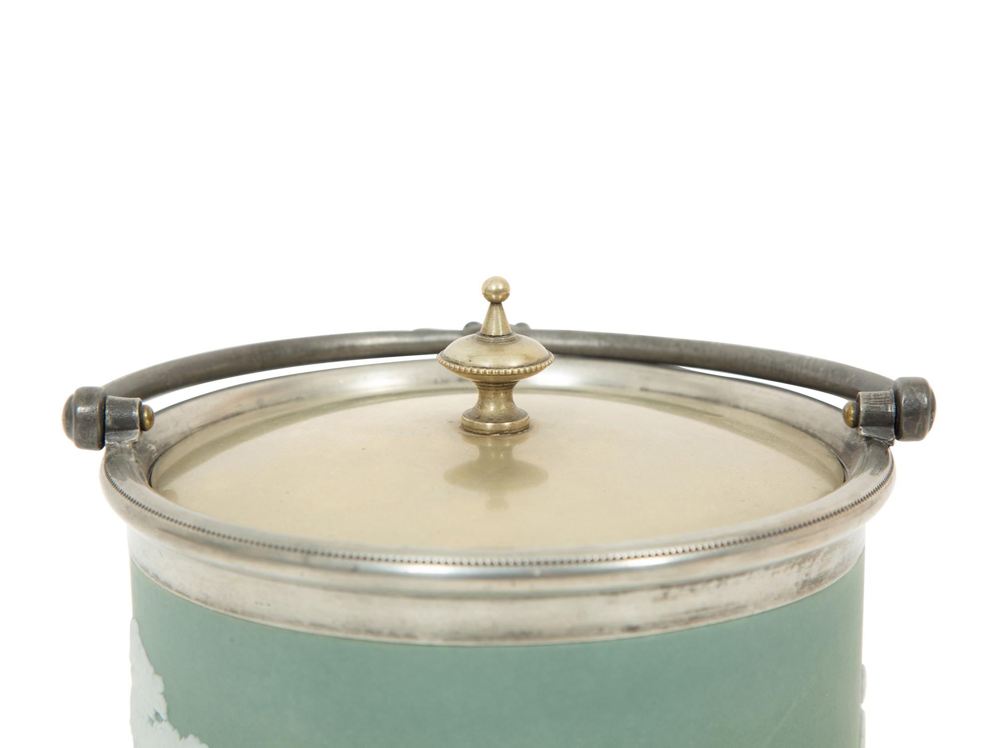 A Green Wedgwood Jasperware Portland Vase and Biscuit Barrell with Silver Plate Handle, Top and Base combined with biscuit barrell 323704/124
