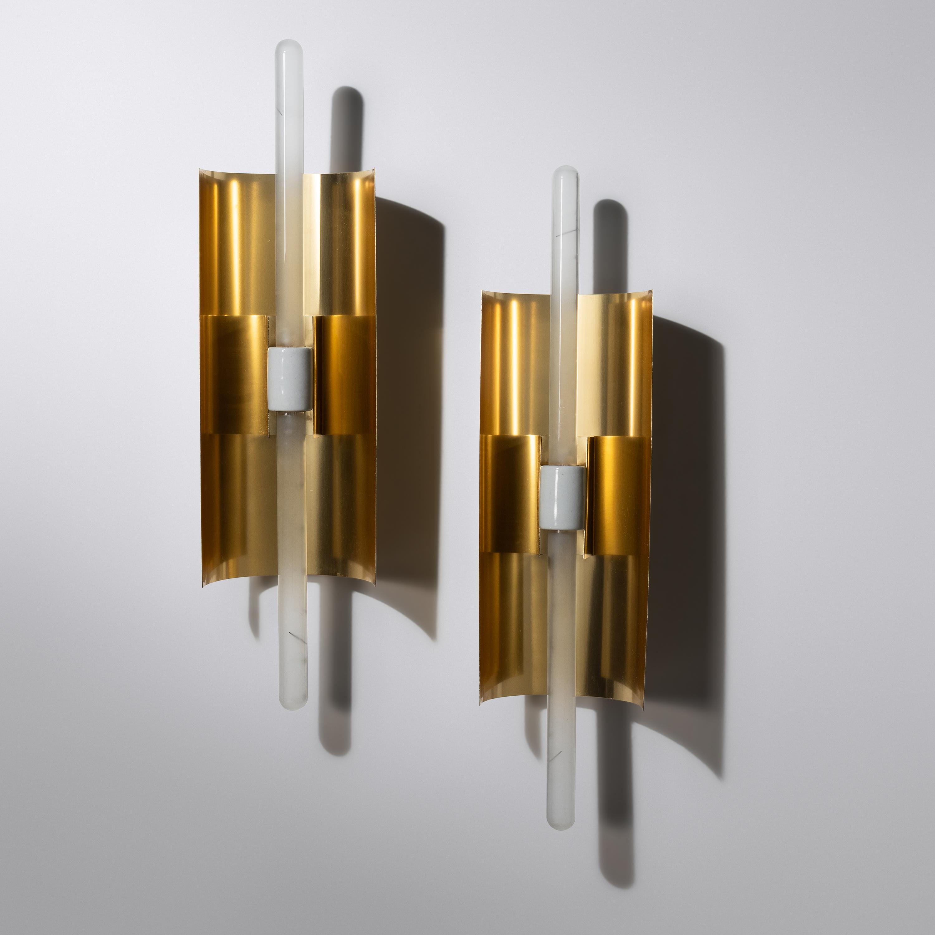 A Pair of Brass and Glass Sconces