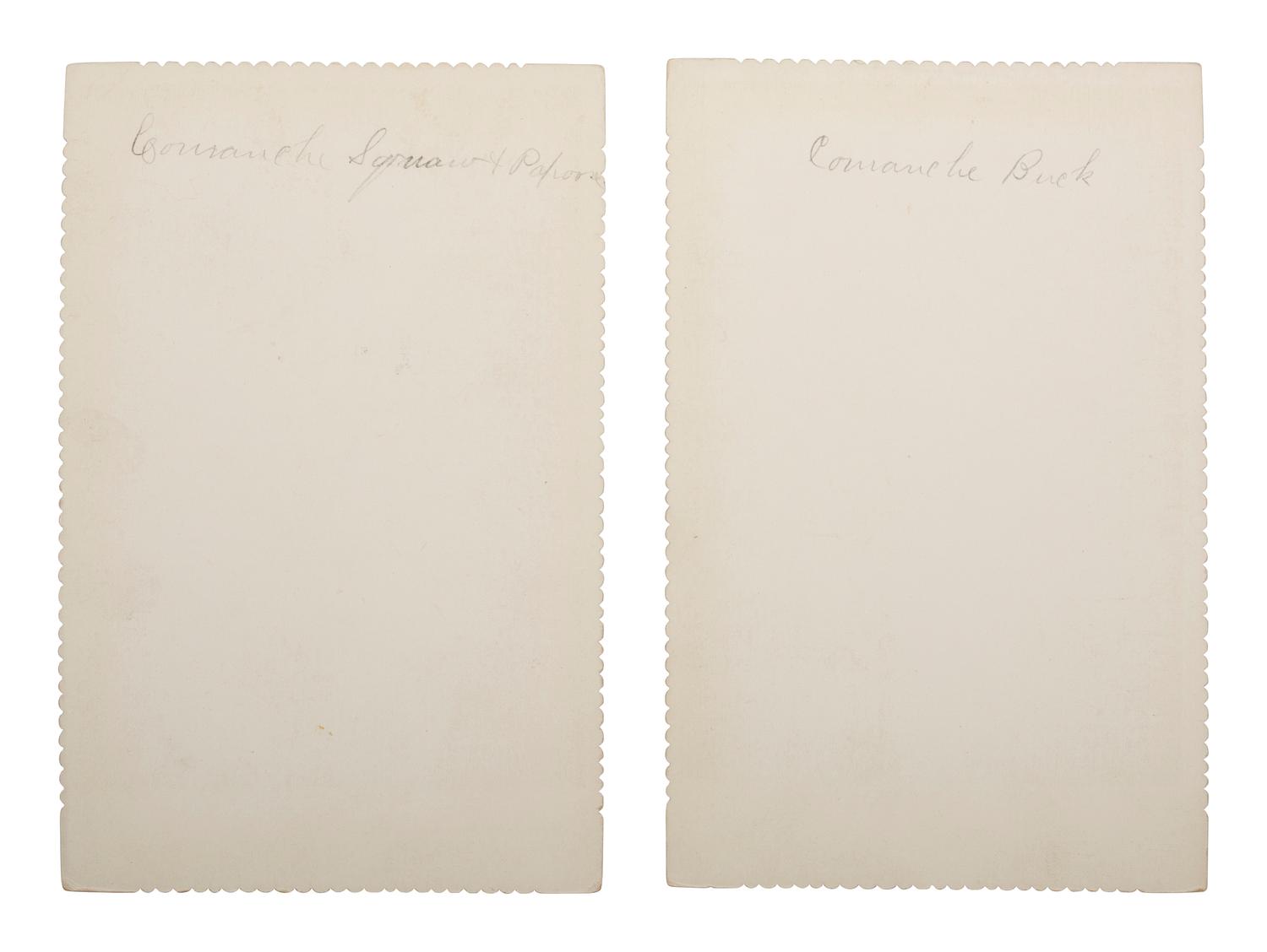 [NATIVE AMERICANS]. [IRWIN, William (1871-1935), photographer, attrib.]. A group of 2 cabinet cards of Comanche subjects.