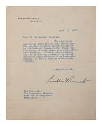 ROOSEVELT, Franklin D. (1882-1945). Typed letter signed ("Franklin D Roosevelt"), as President. Washington, DC, 21 April 1933.