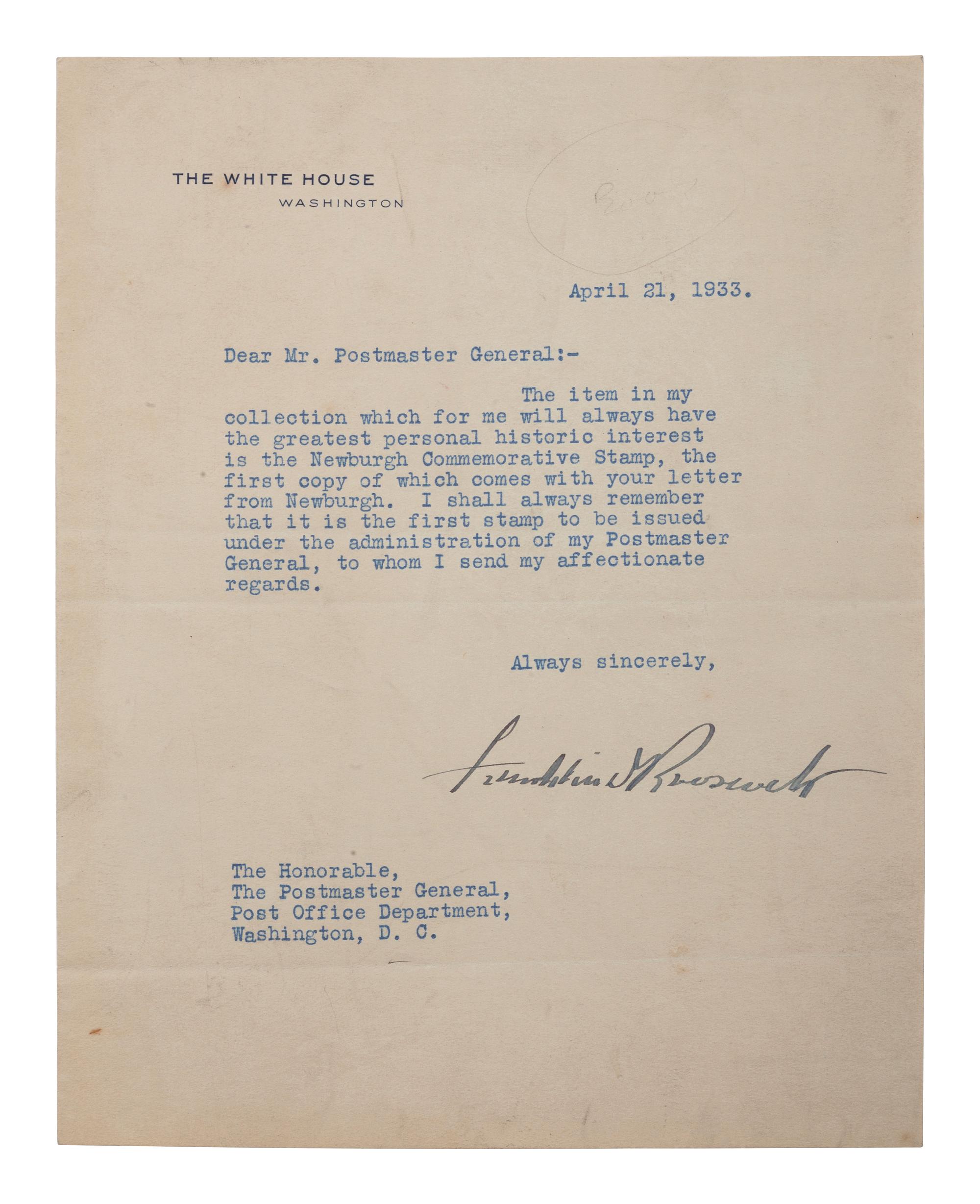 ROOSEVELT, Franklin D. (1882-1945). Typed letter signed ("Franklin D Roosevelt"), as President. Washington, DC, 21 April 1933.