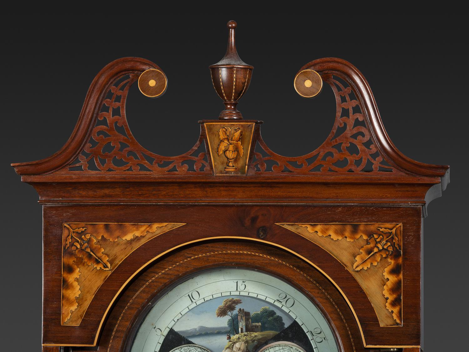 A Rare Federal Inlaid and Pierce-Carved Mahogany Tall Case Clock