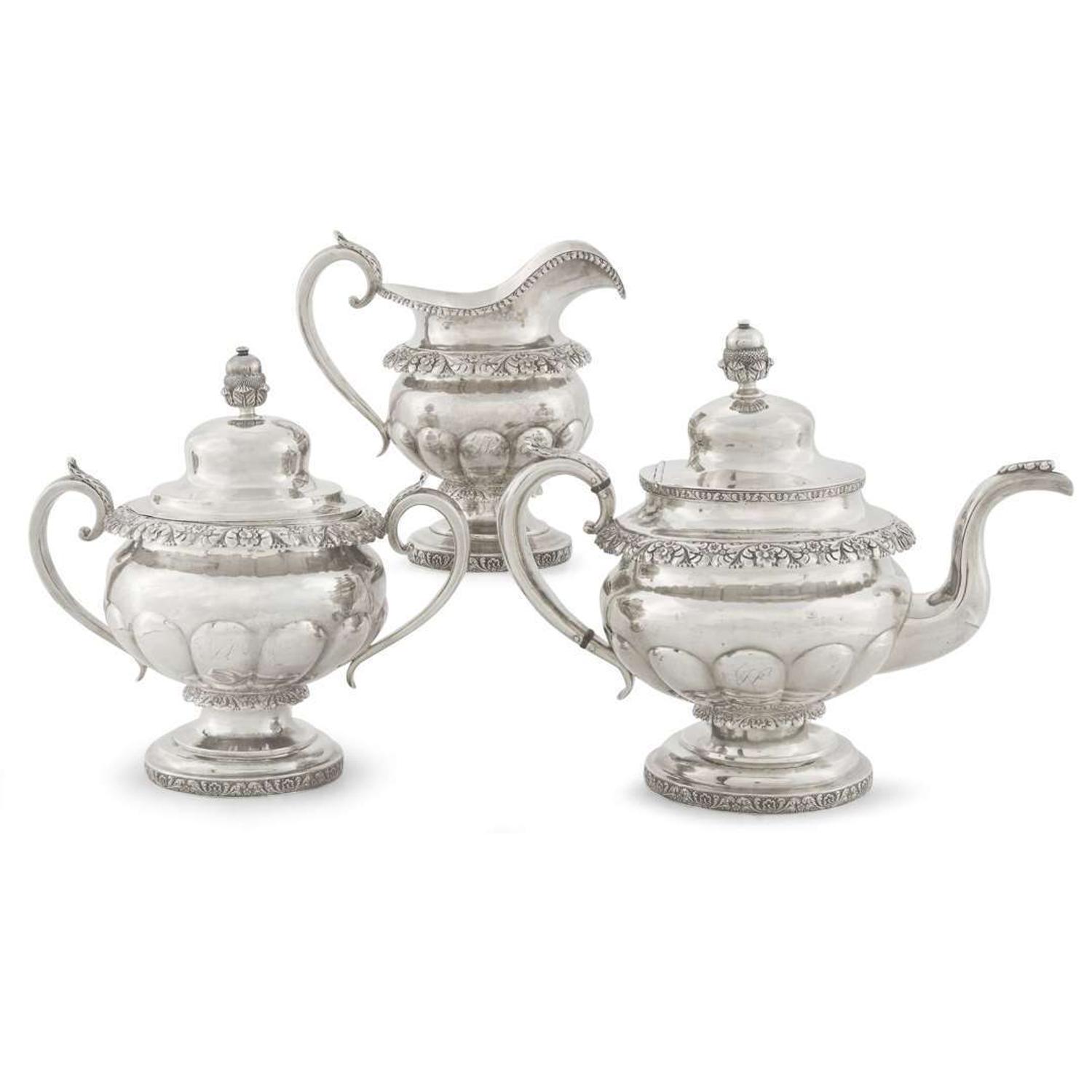 Neoclassical silver three-piece tea service J. Stodder, New York, NY, second quarter 19th century