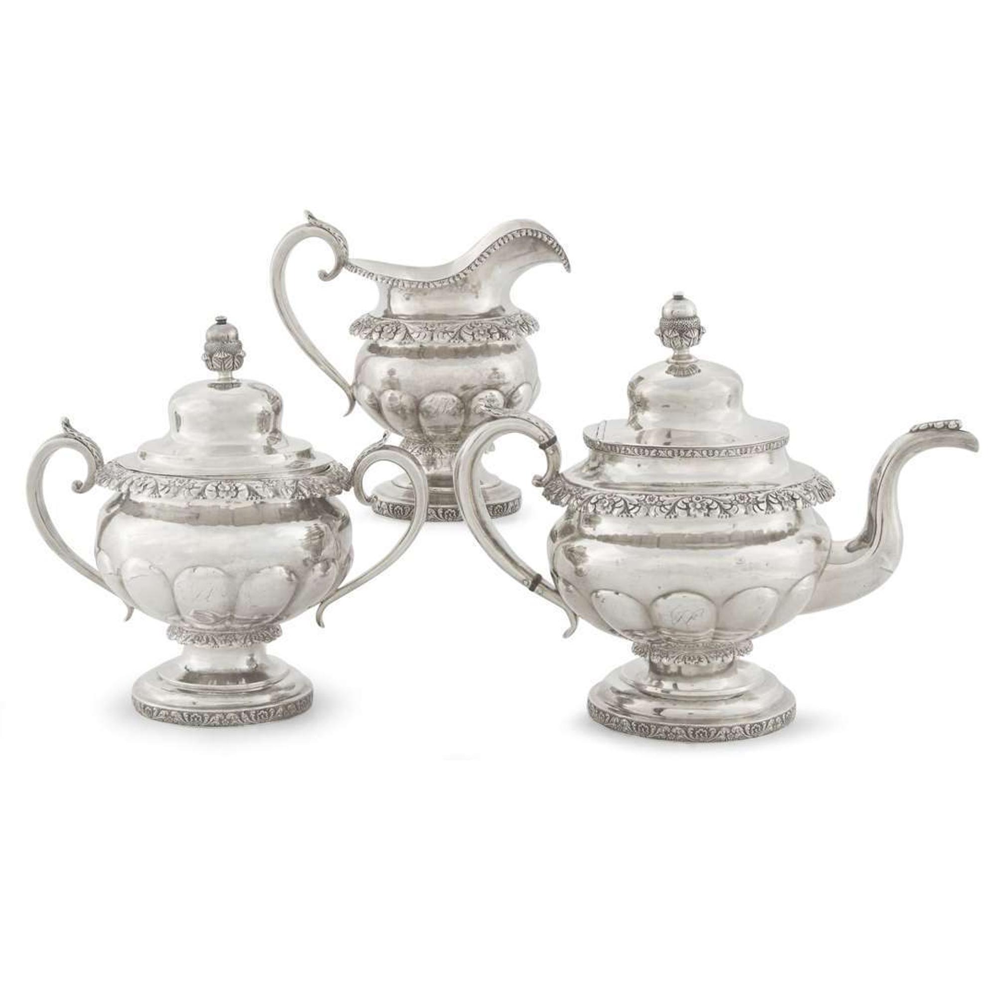 Neoclassical silver three-piece tea service J. Stodder, New York, NY, second quarter 19th century