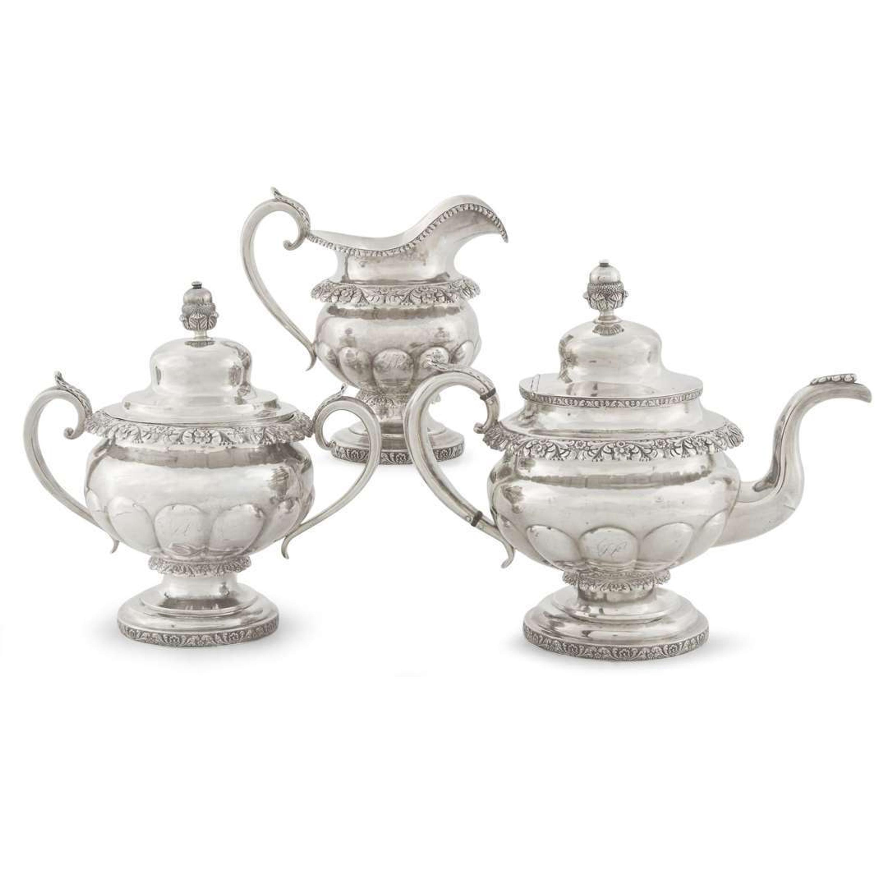 Neoclassical silver three-piece tea service J. Stodder, New York, NY, second quarter 19th century