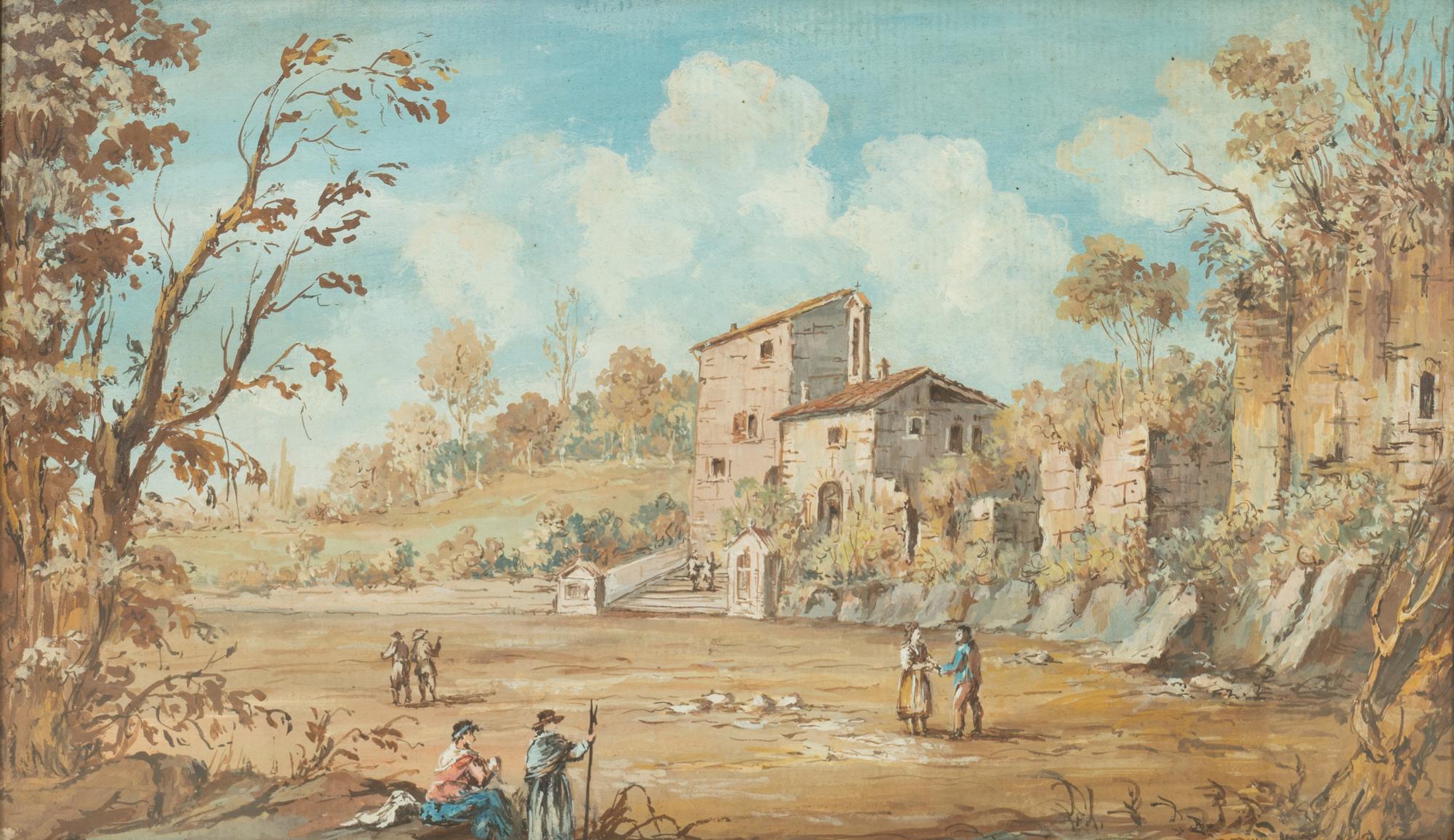 View of a Village with Travelers Chatting