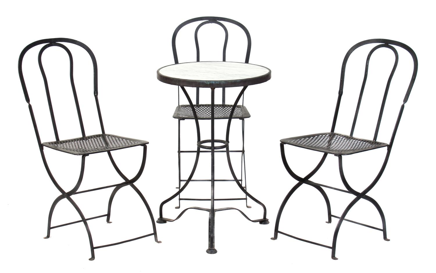 A French Cafe Table and Three Chairs Height of table 29 x diameter 19 3/4 inches. — 20TH CENTURY