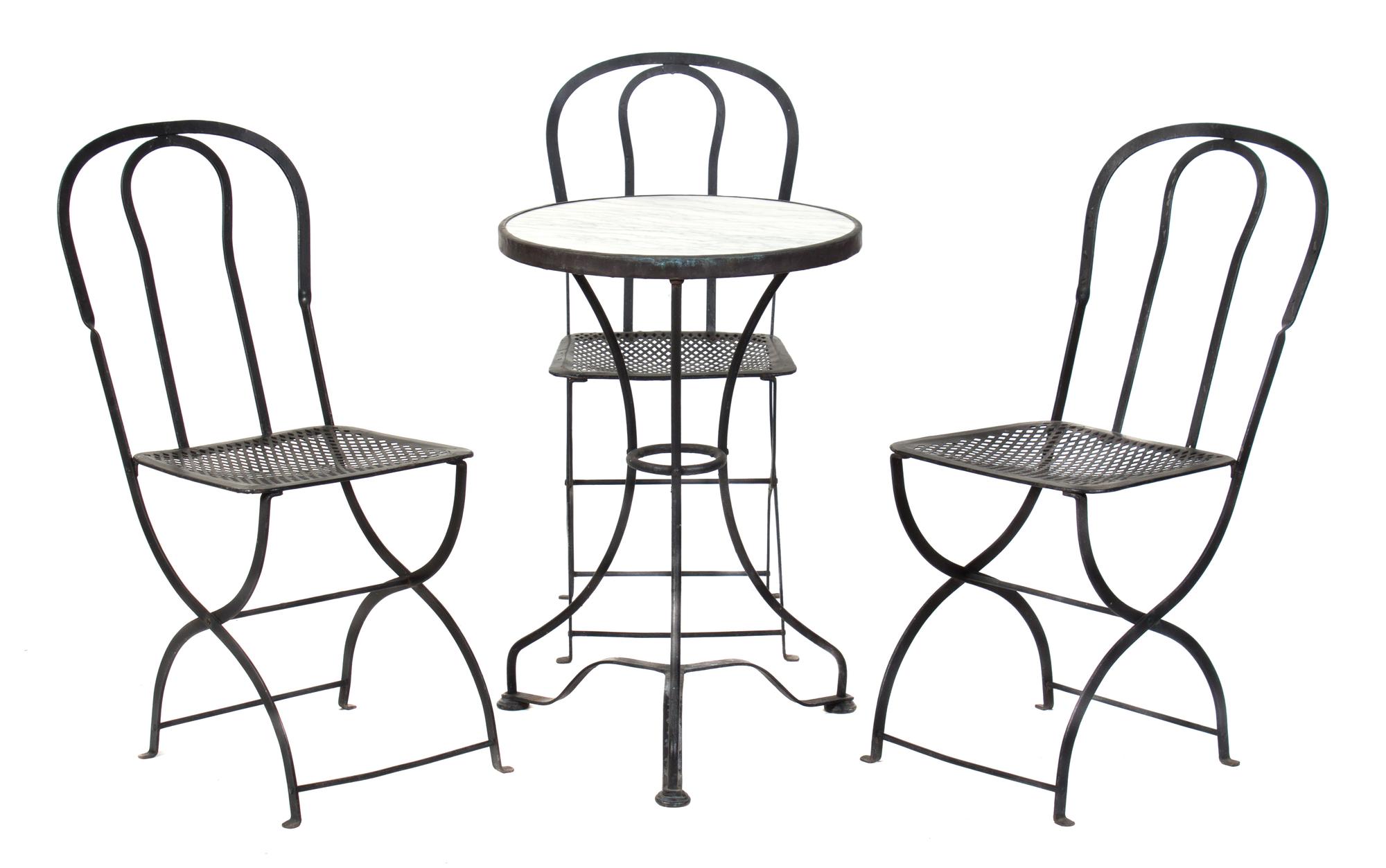 A French Cafe Table and Three Chairs Height of table 29 x diameter 19 3/4 inches. — 20TH CENTURY