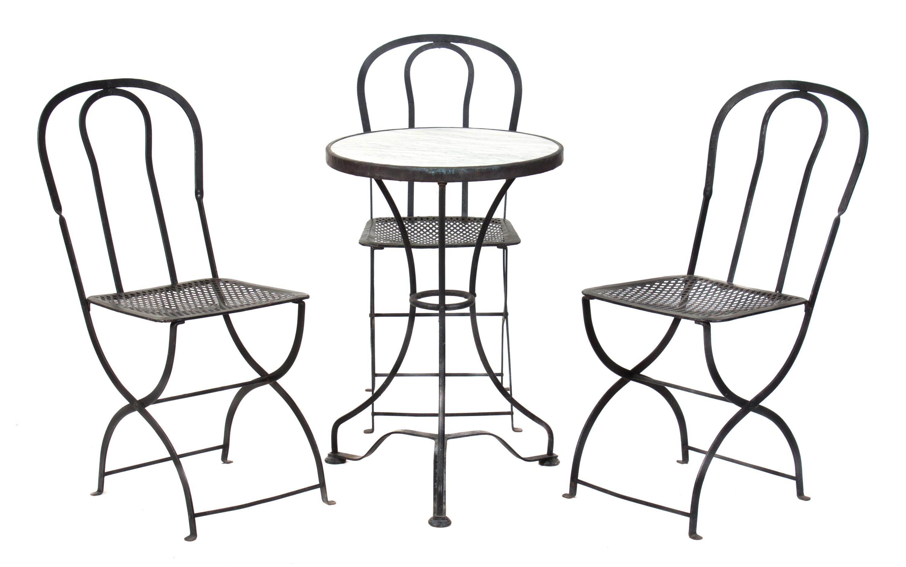 A French Cafe Table and Three Chairs Height of table 29 x diameter 19 3/4 inches. — 20TH CENTURY