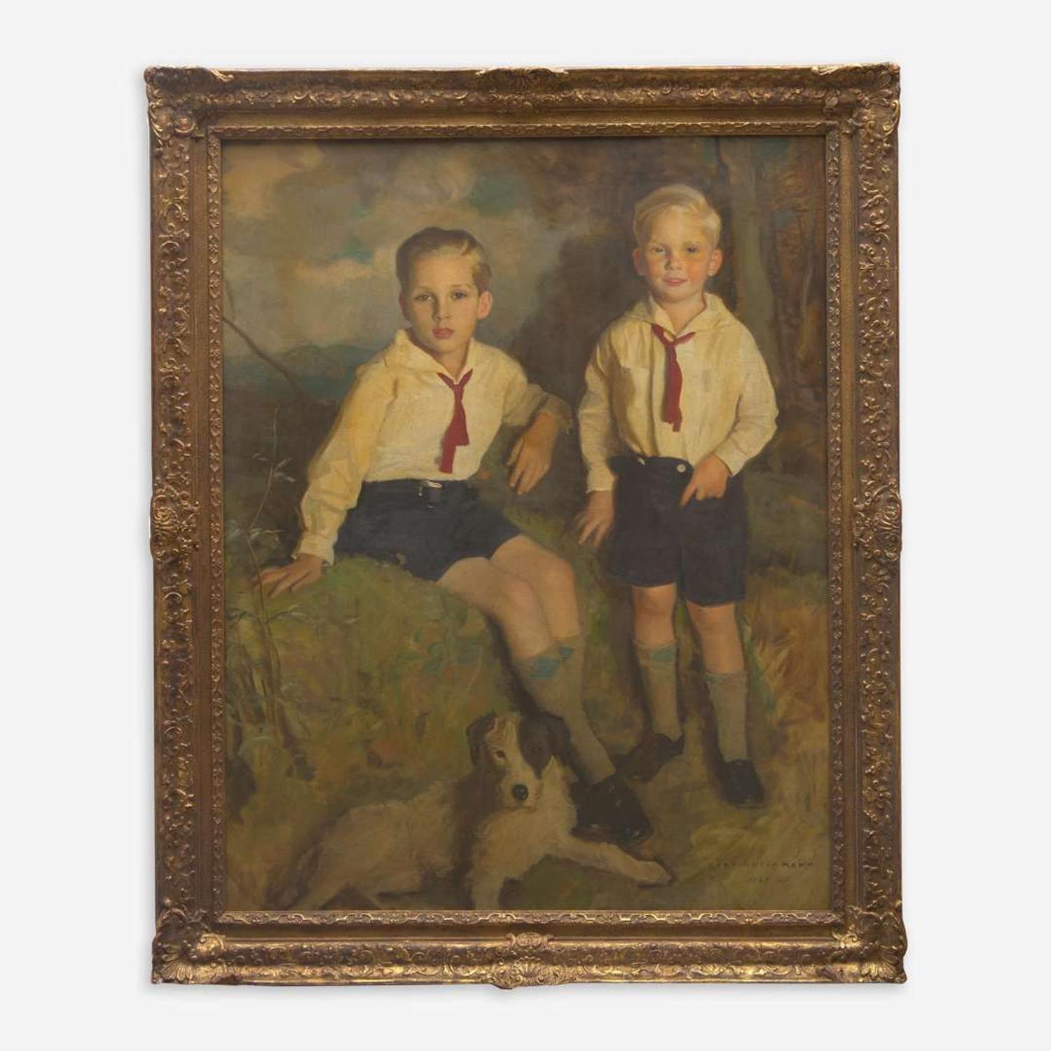 Harrington Mann (British, 1864–1937) Portrait of Two Boys and a Dog