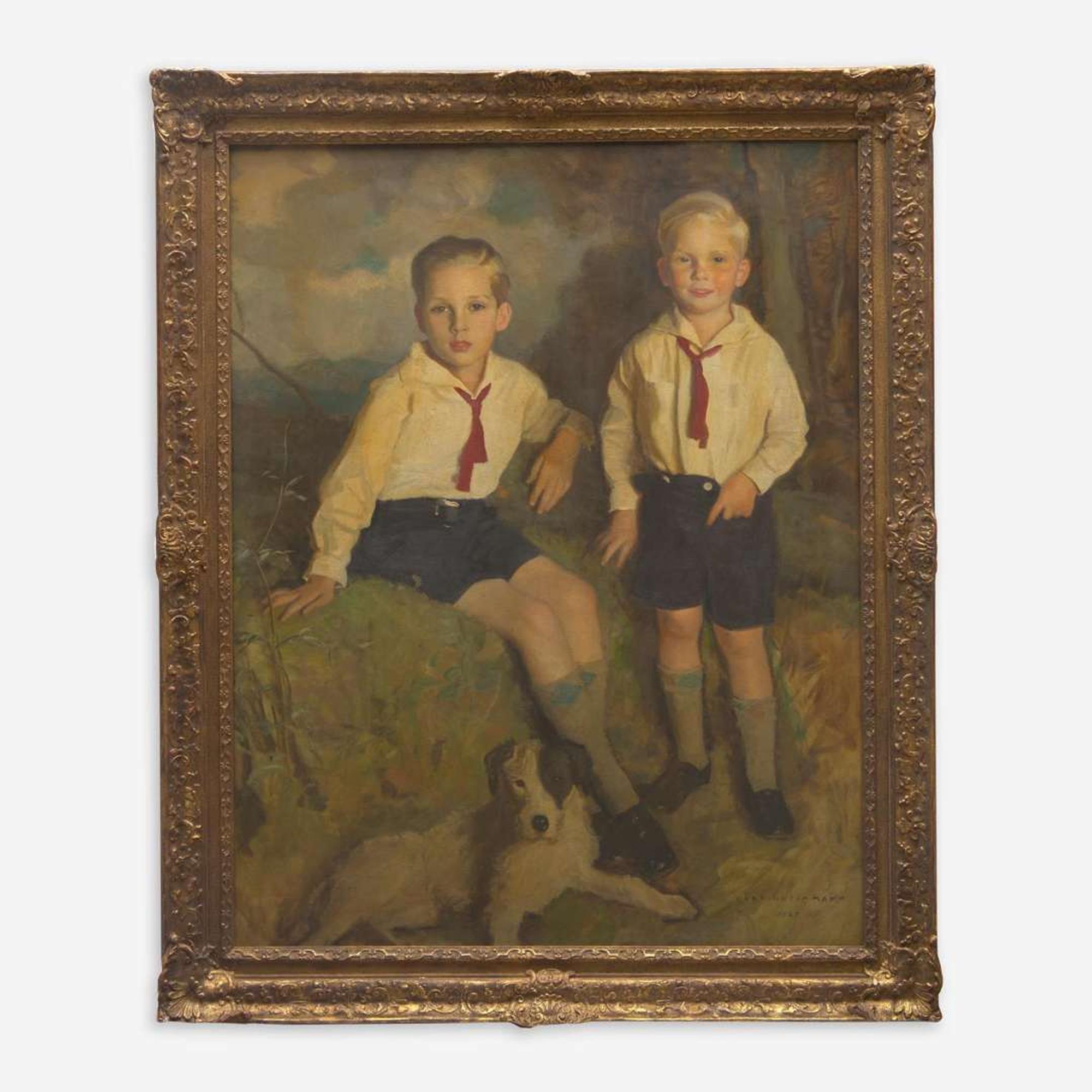 Harrington Mann (British, 1864–1937) Portrait of Two Boys and a Dog