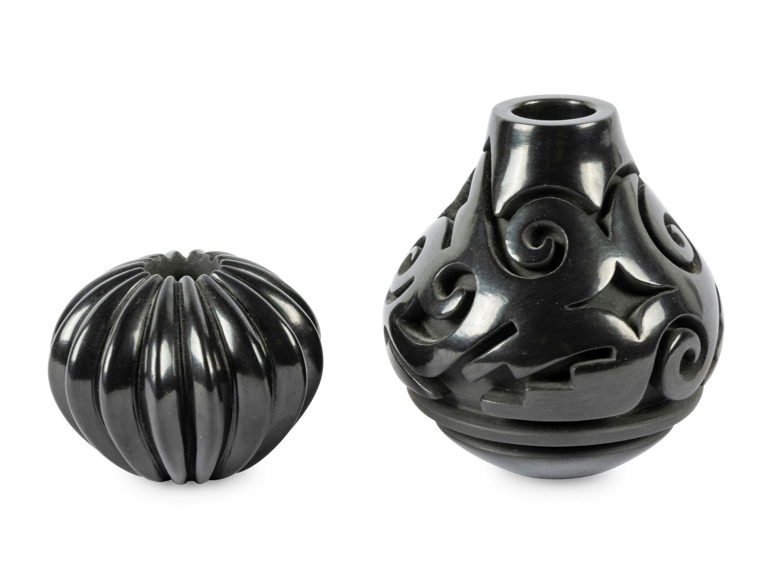 Two Jars: Carved Blackware Jar with Avanyu Design, 1988 and Blackware Melon Jar, 1985